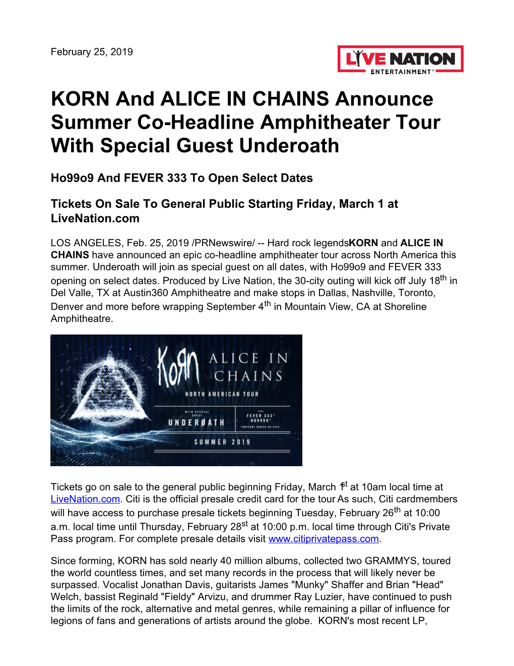 KORN and ALICE in CHAINS Announce Summer Co- Headline