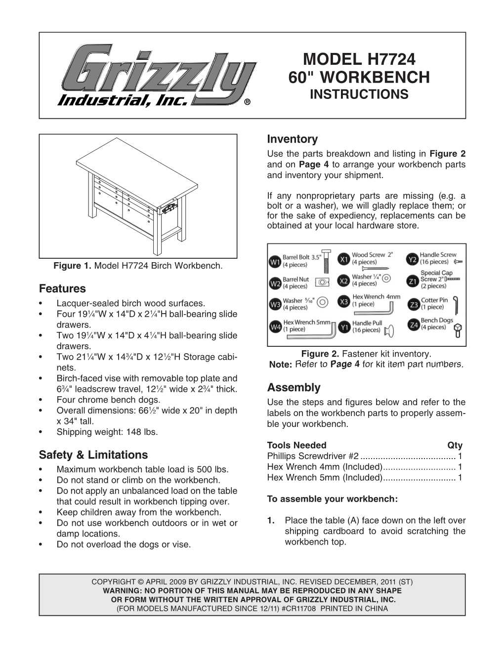 Model H7724 60" Workbench Instructions