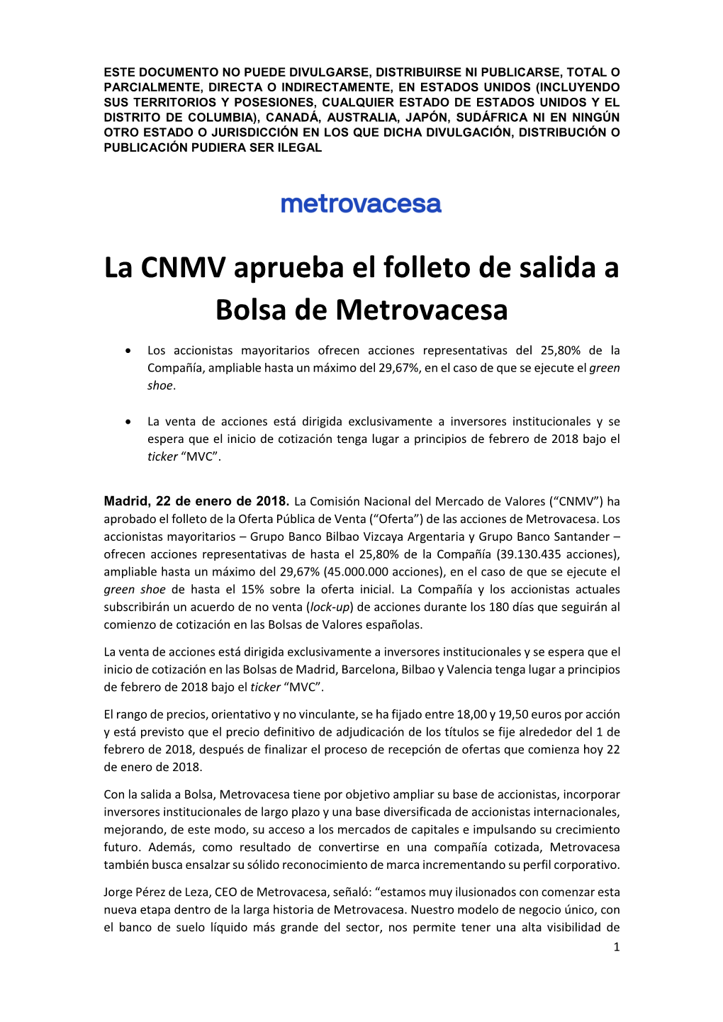 La CNMV Aprueba El Folleto De Salida a Bolsa De Metrovacesa