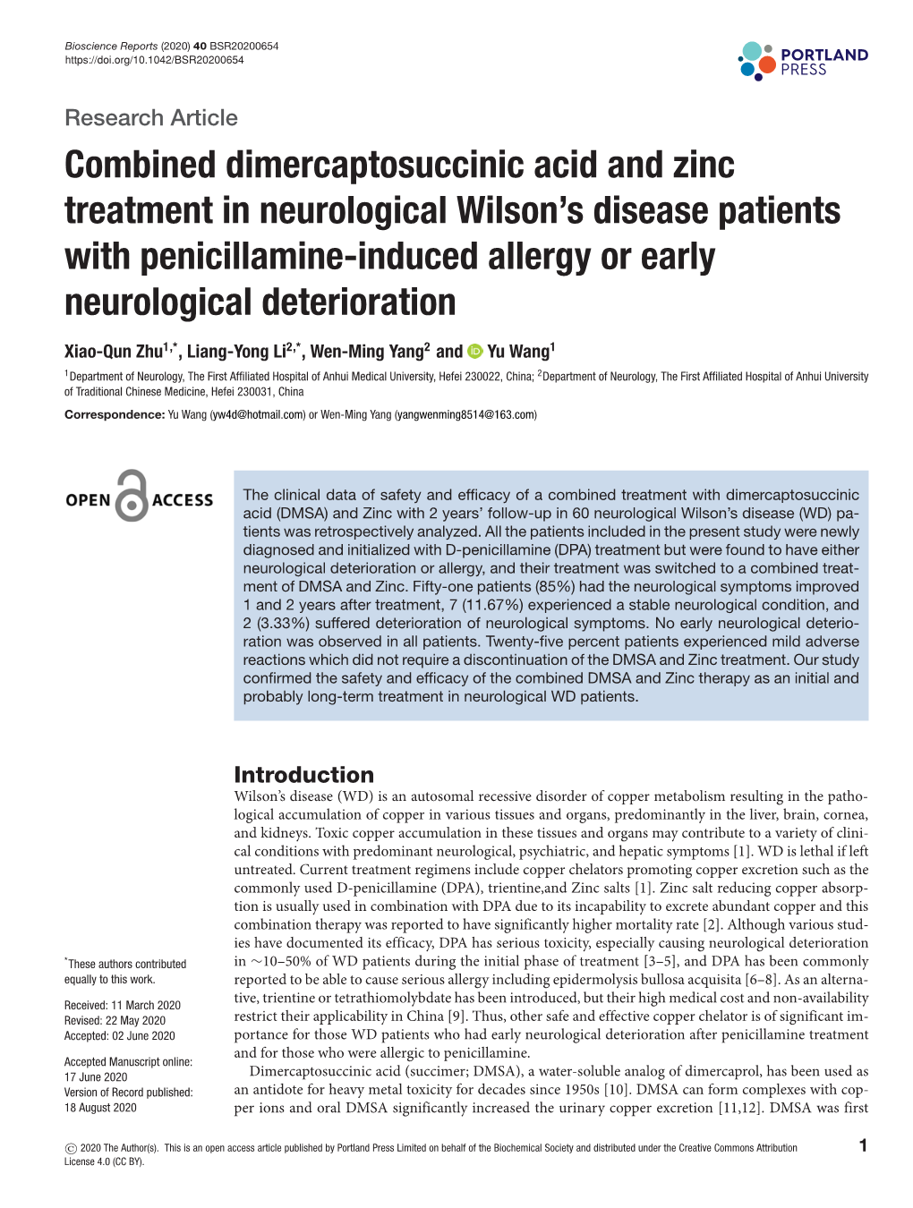 Combined Dimercaptosuccinic Acid and Zinc Treatment in Neurological Wilson’S Disease Patients with Penicillamine-Induced Allergy Or Early Neurological Deterioration