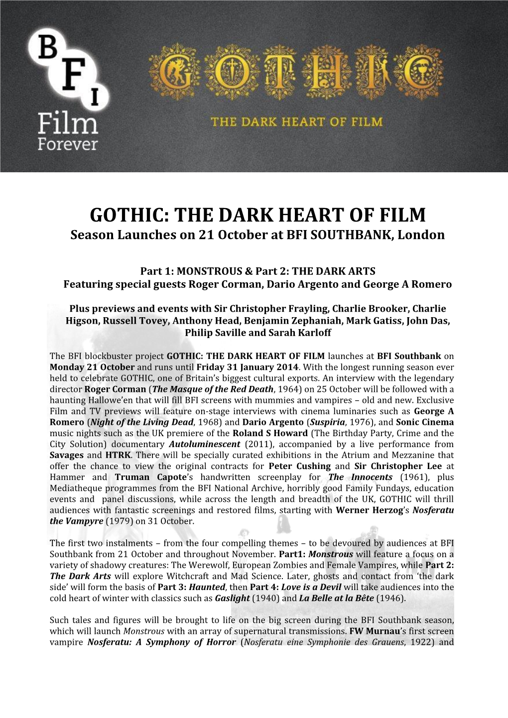 GOTHIC: the DARK HEART of FILM Season Launches on 21 October at BFI SOUTHBANK, London