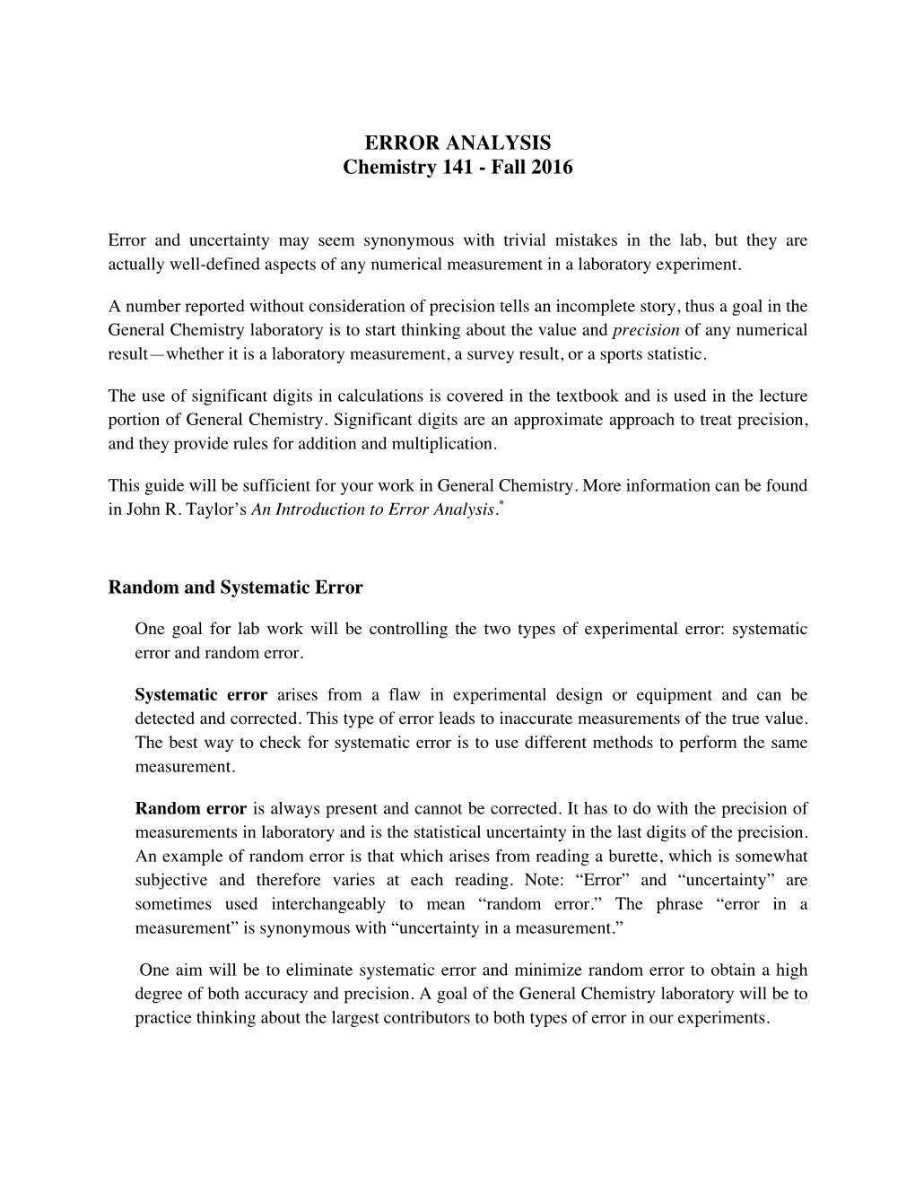 ERROR ANALYSIS Chemistry 141 - Fall 2016