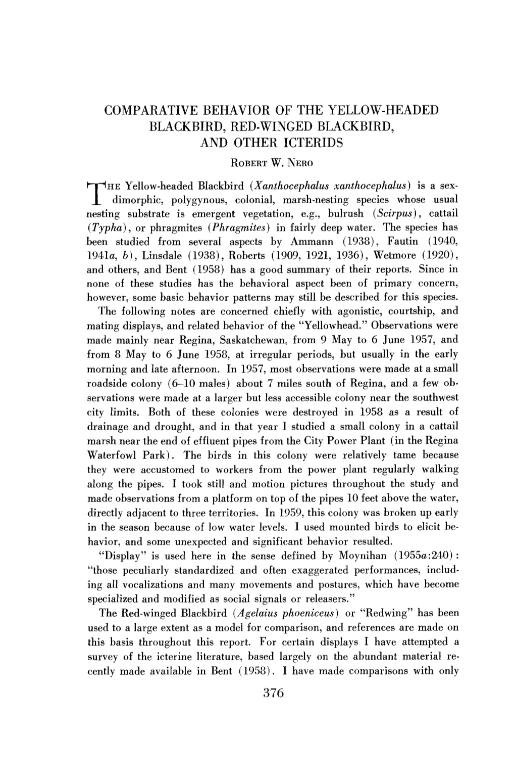 Comparative Behavior of the Yellow-Headed Blackbird, Red-Winged Blackbird, and Other Icterids