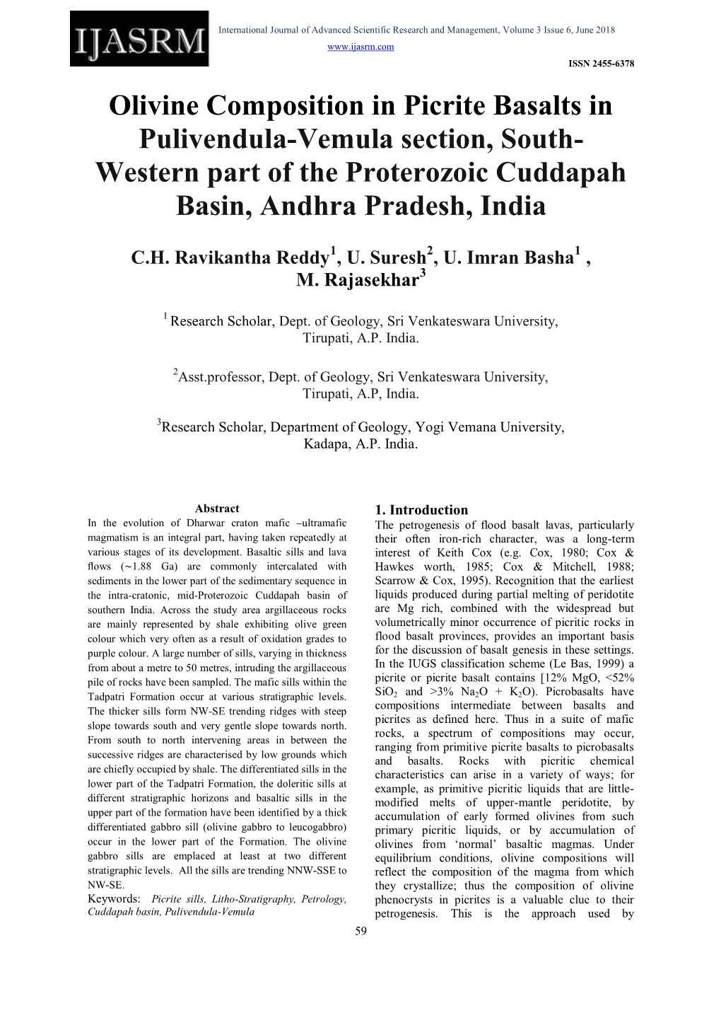 Olivine Composition in Picrite Basalts in Pulivendula-Vemula Section, South- Western Part of the Proterozoic Cuddapah Basin, Andhra Pradesh, India