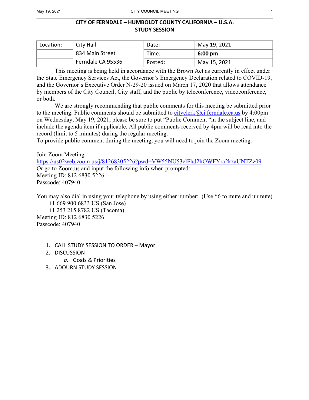 HUMBOLDT COUNTY CALIFORNIA – USA STUDY SESSION Location