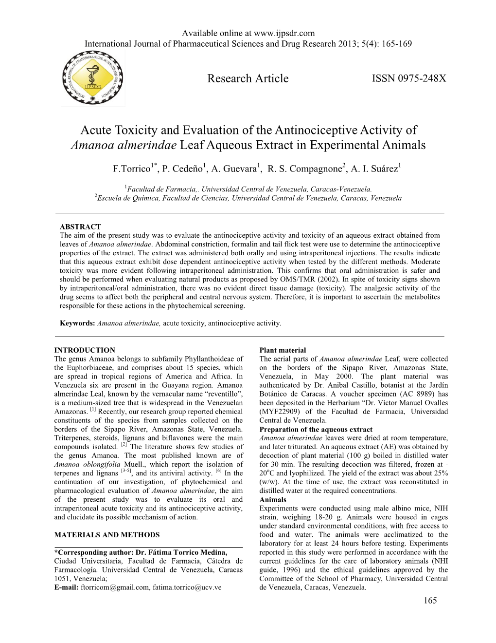 Acute Toxicity and Evaluation of the Antinociceptive Activity of Amanoa Almerindae Leaf Aqueous Extract in Experimental Animals