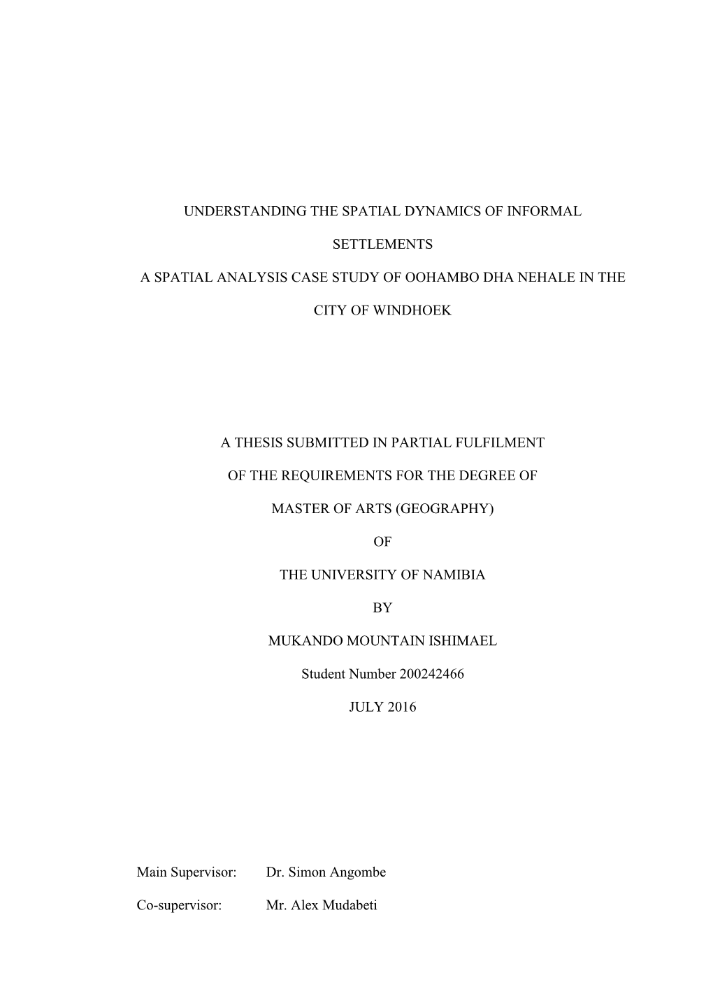 Spatial Analysis of Informal Settlement in Windhoek