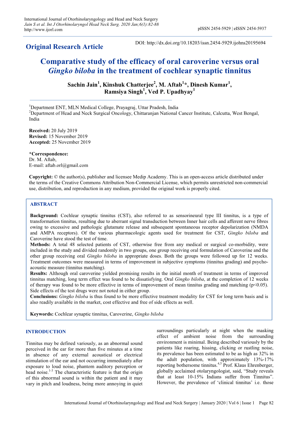 Comparative Study of the Efficacy of Oral Caroverine Versus Oral Gingko Biloba in the Treatment of Cochlear Synaptic Tinnitus