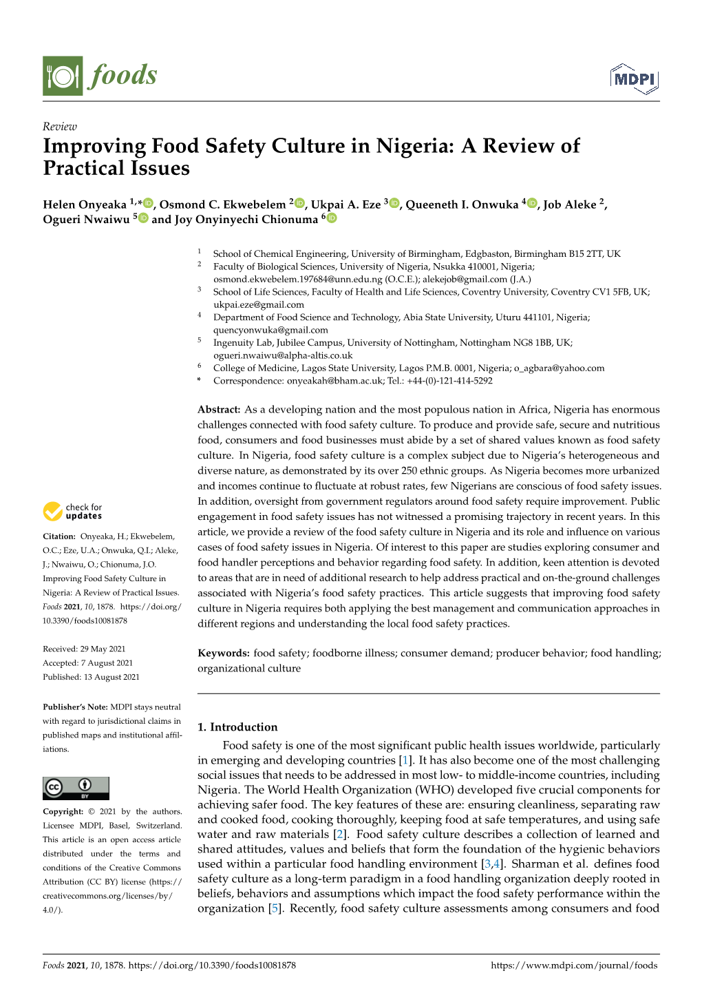 Improving Food Safety Culture in Nigeria: a Review of Practical Issues