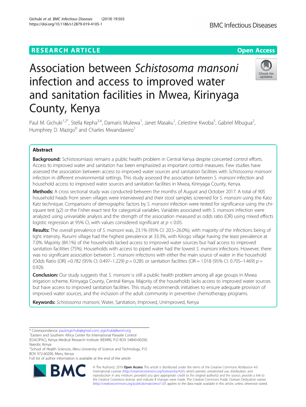 Association Between Schistosoma Mansoni Infection and Access to Improved Water and Sanitation Facilities in Mwea, Kirinyaga County, Kenya Paul M