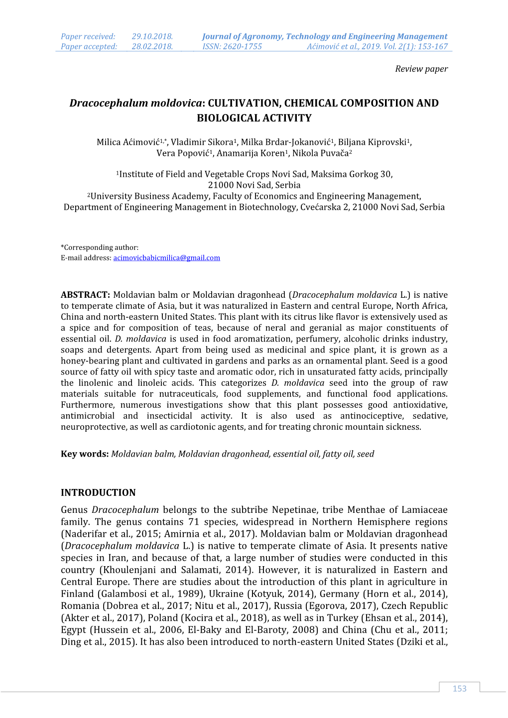 Dracocephalum Moldovica: CULTIVATION, CHEMICAL COMPOSITION and BIOLOGICAL ACTIVITY