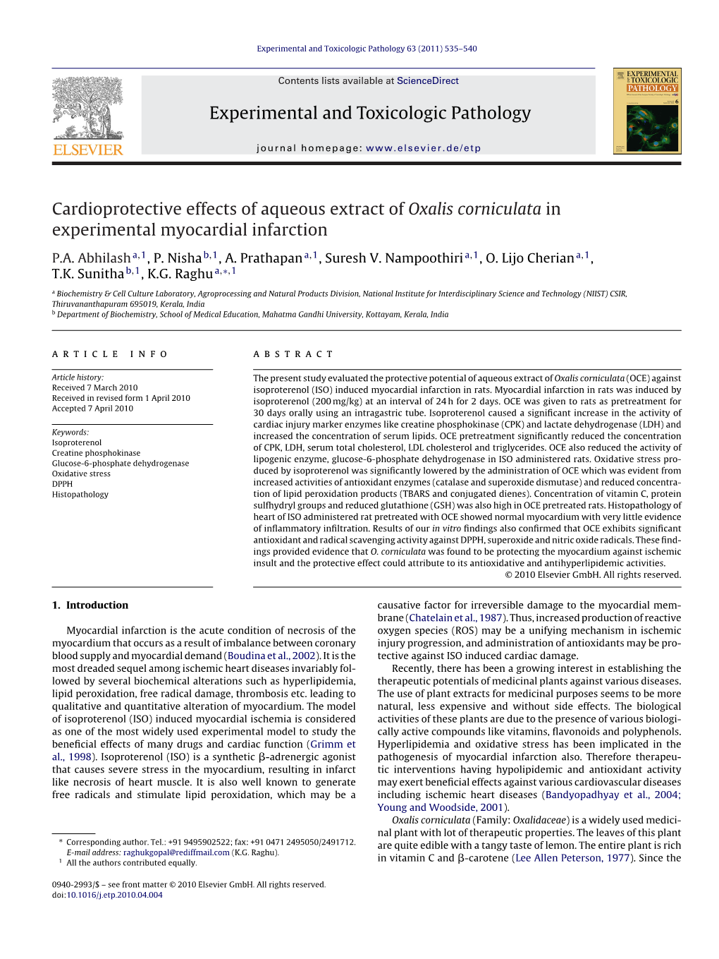 Cardioprotective Effects of Aqueous Extract of Oxalis Corniculata in Experimental Myocardial Infarction