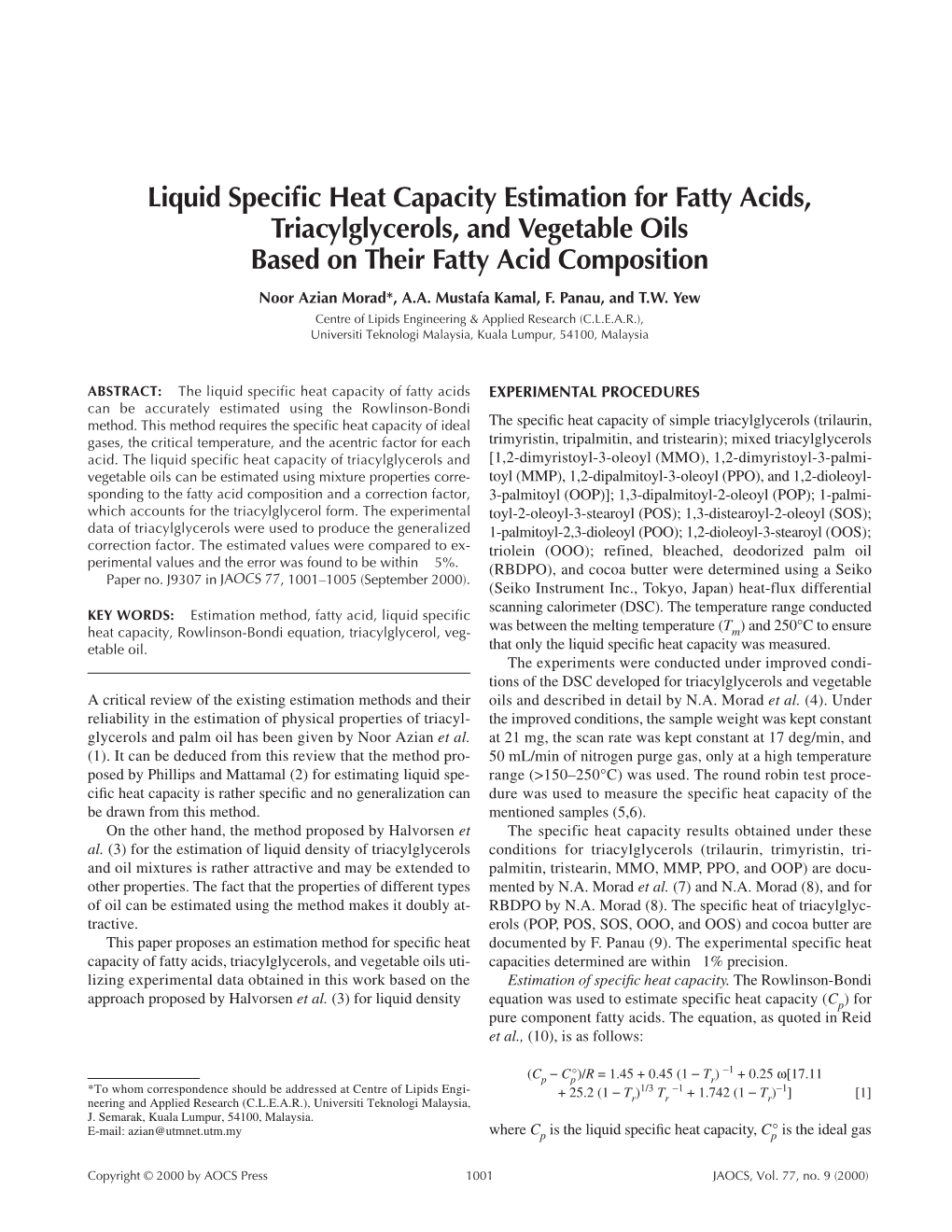 Liquid Specific Heat Capacity Estimation for Fatty Acids