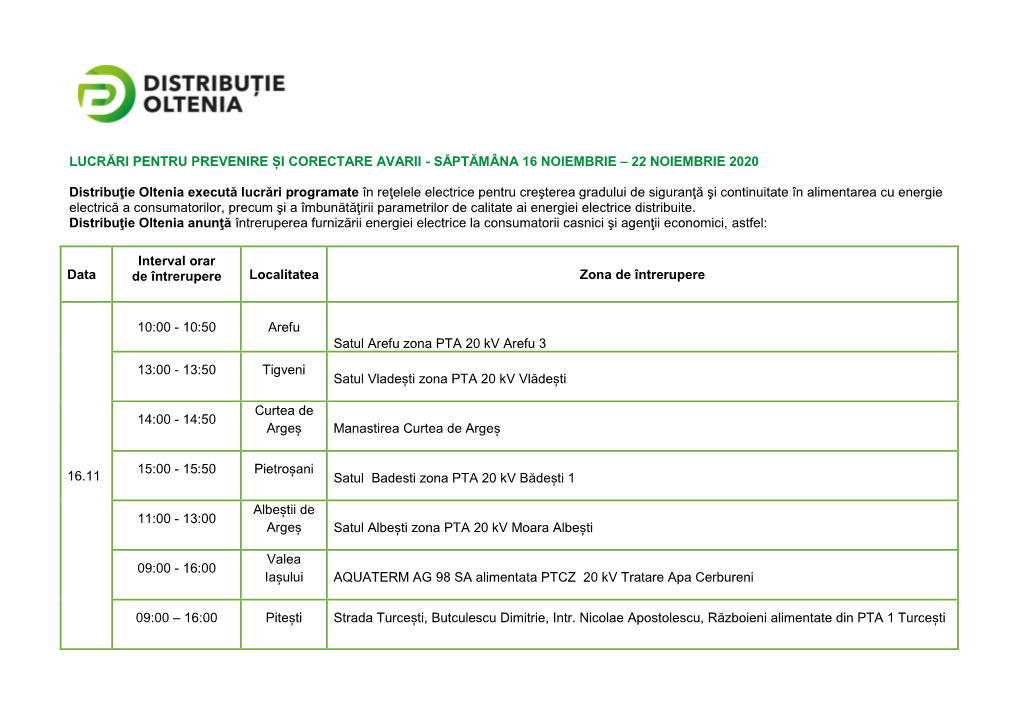 Lucrări Pentru Prevenire Și Corectare Avarii - Săptămâna 16 Noiembrie – 22 Noiembrie 2020