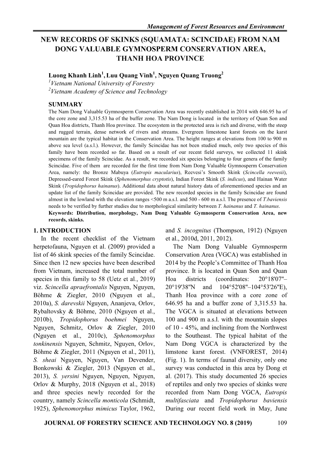 New Records of Skinks (Squamata: Scincidae) from Nam Dong Valuable Gymnosperm Conservation Area, Thanh Hoa Province