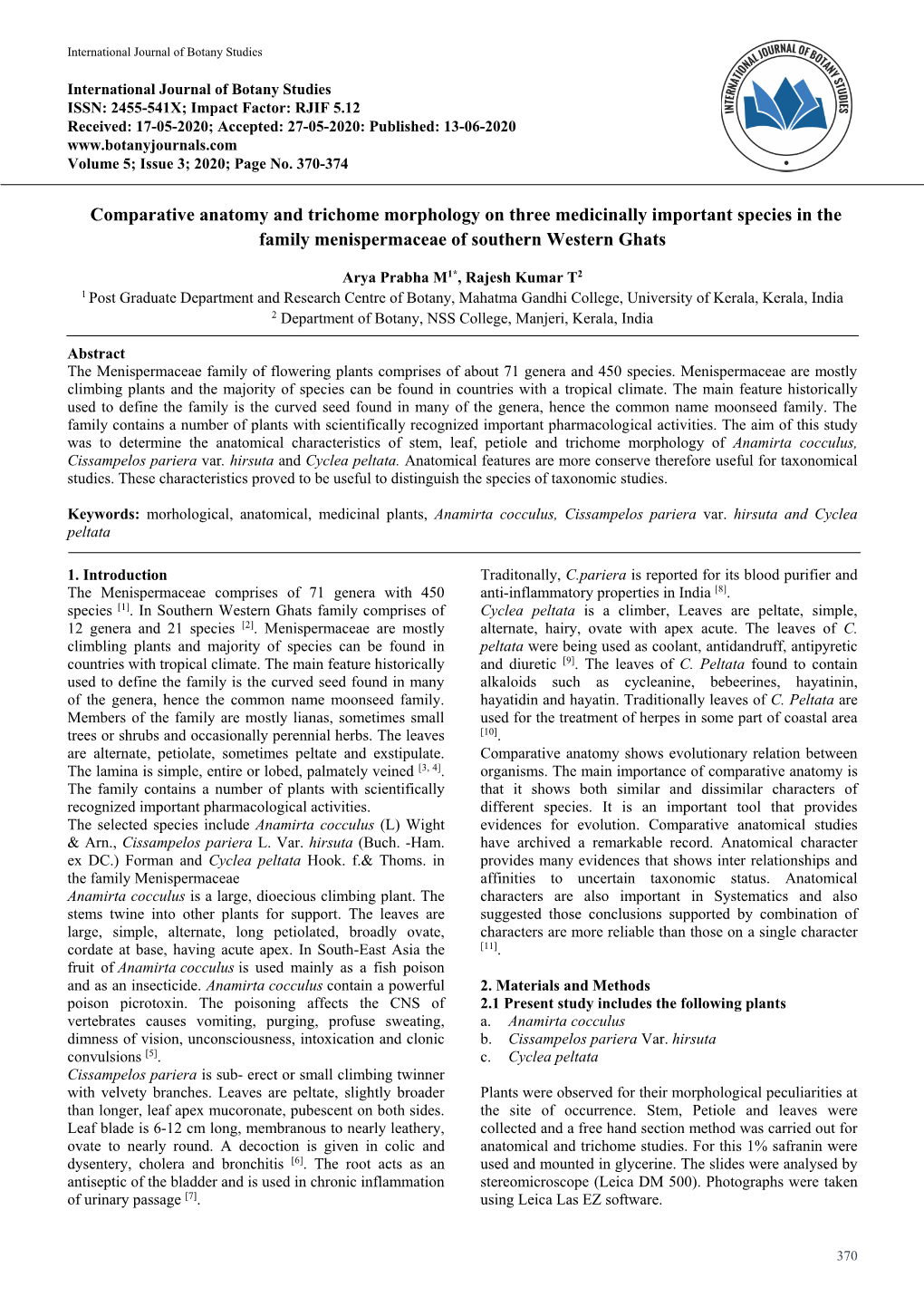 Comparative Anatomy and Trichome Morphology on Three Medicinally Important Species in the Family Menispermaceae of Southern Western Ghats