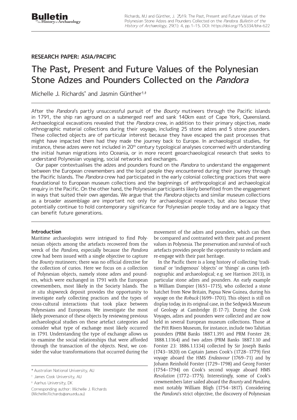 The Past, Present and Future Values of the Polynesian Stone Adzes and Pounders Collected on the Pandora Michelle J