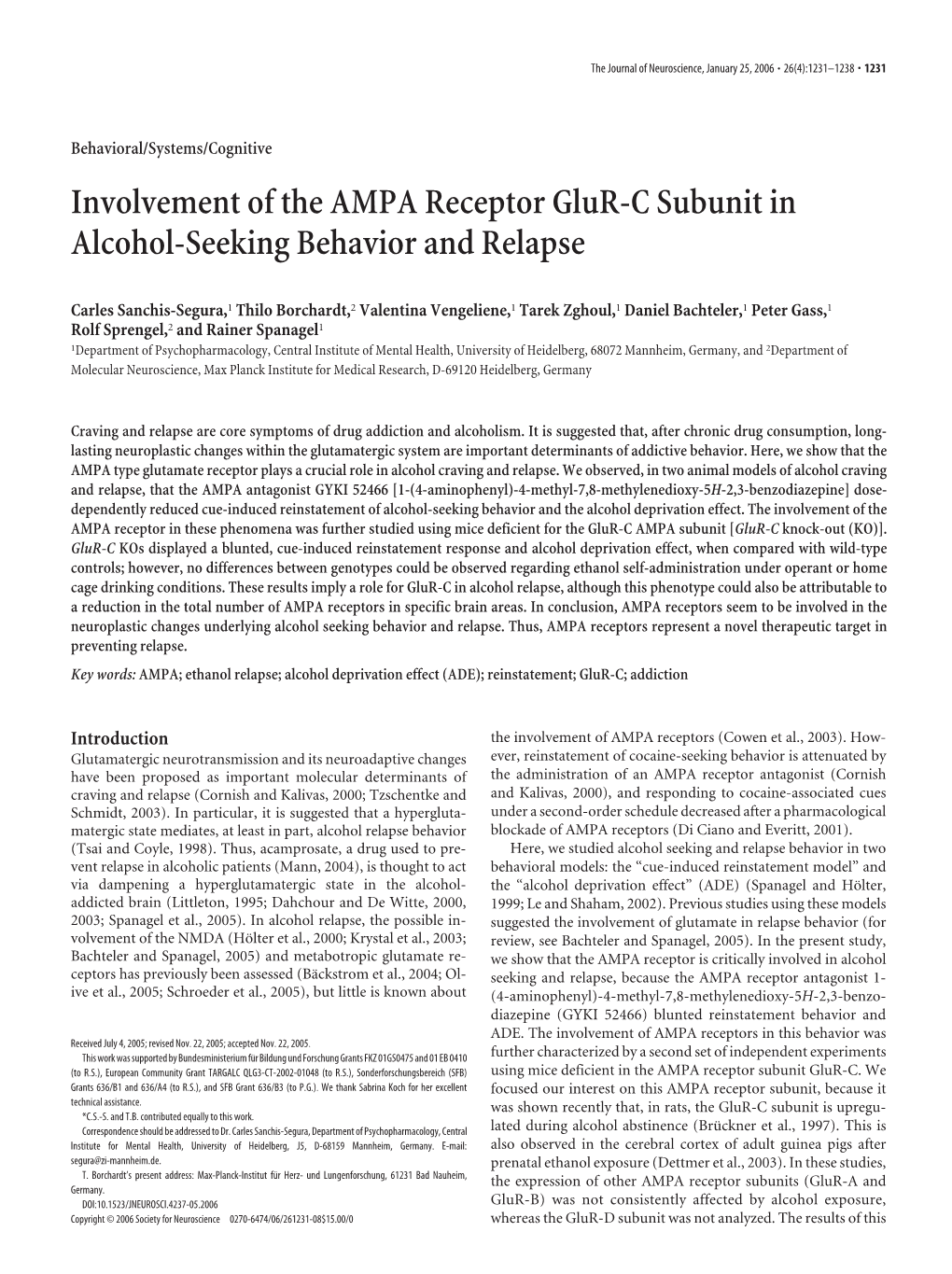 Involvement of the AMPA Receptor Glur-C Subunit in Alcohol-Seeking Behavior and Relapse