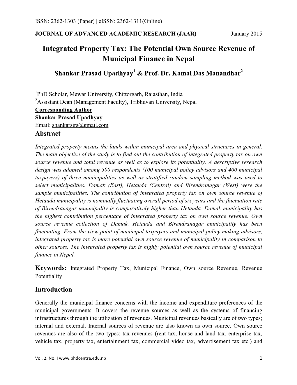 Integrated Property Tax: the Potential Own Source Revenue of Municipal Finance in Nepal