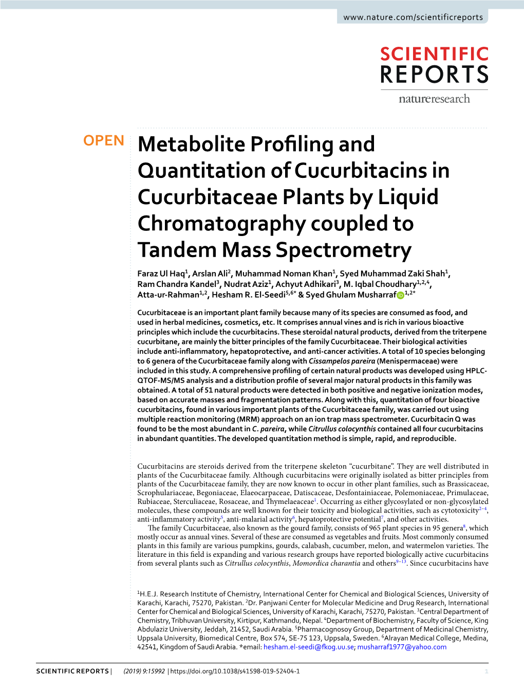 Metabolite Profiling and Quantitation of Cucurbitacins in Cucurbitaceae Plants by Liquid Chromatography Coupled to Tandem Mass S