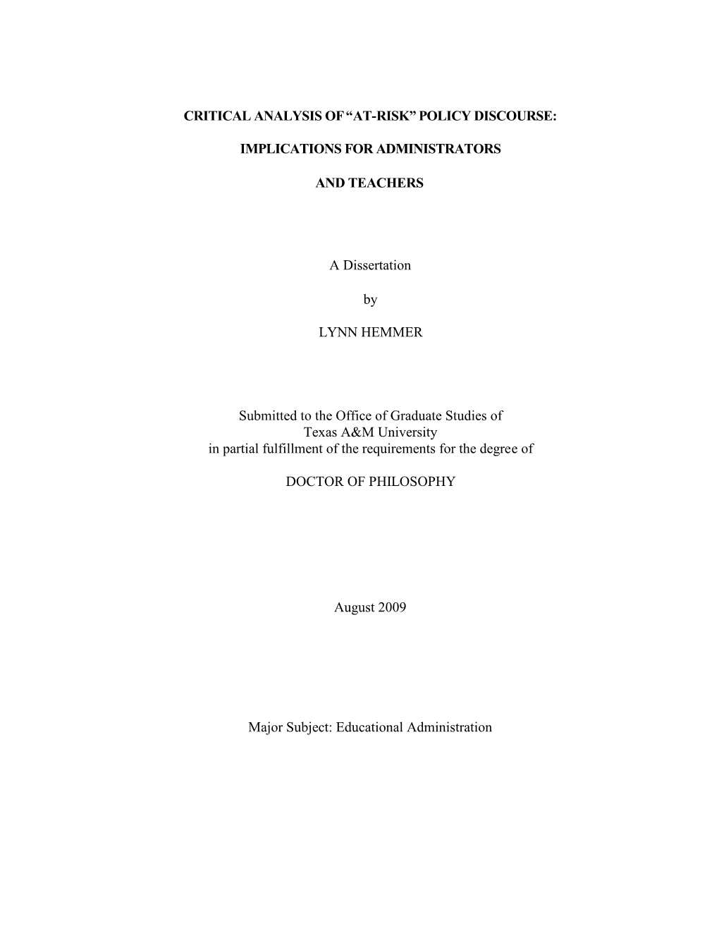 Critical Analysis of “At-Risk” Policy Discourse: Implications For