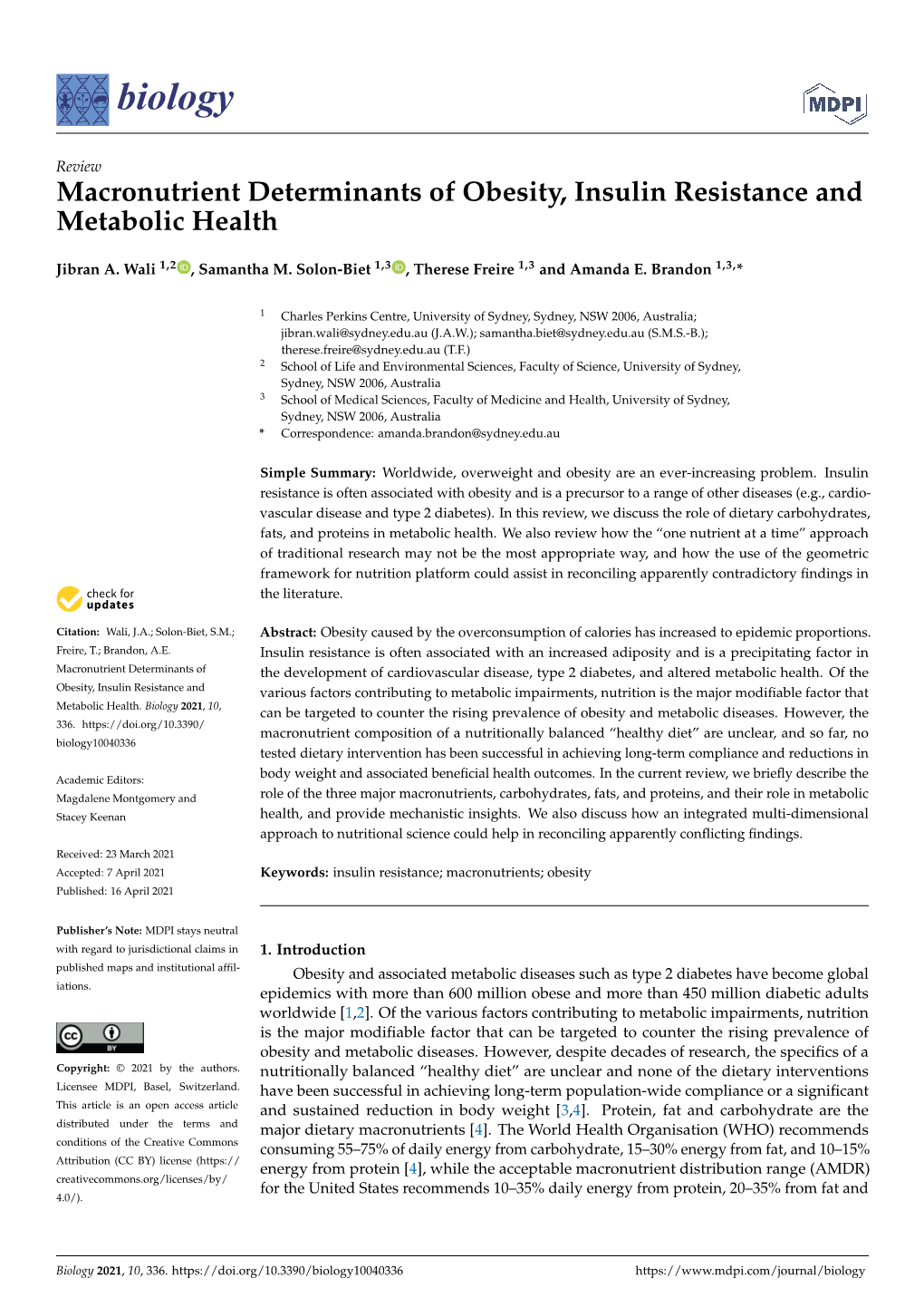 Macronutrient Determinants of Obesity, Insulin Resistance and Metabolic Health