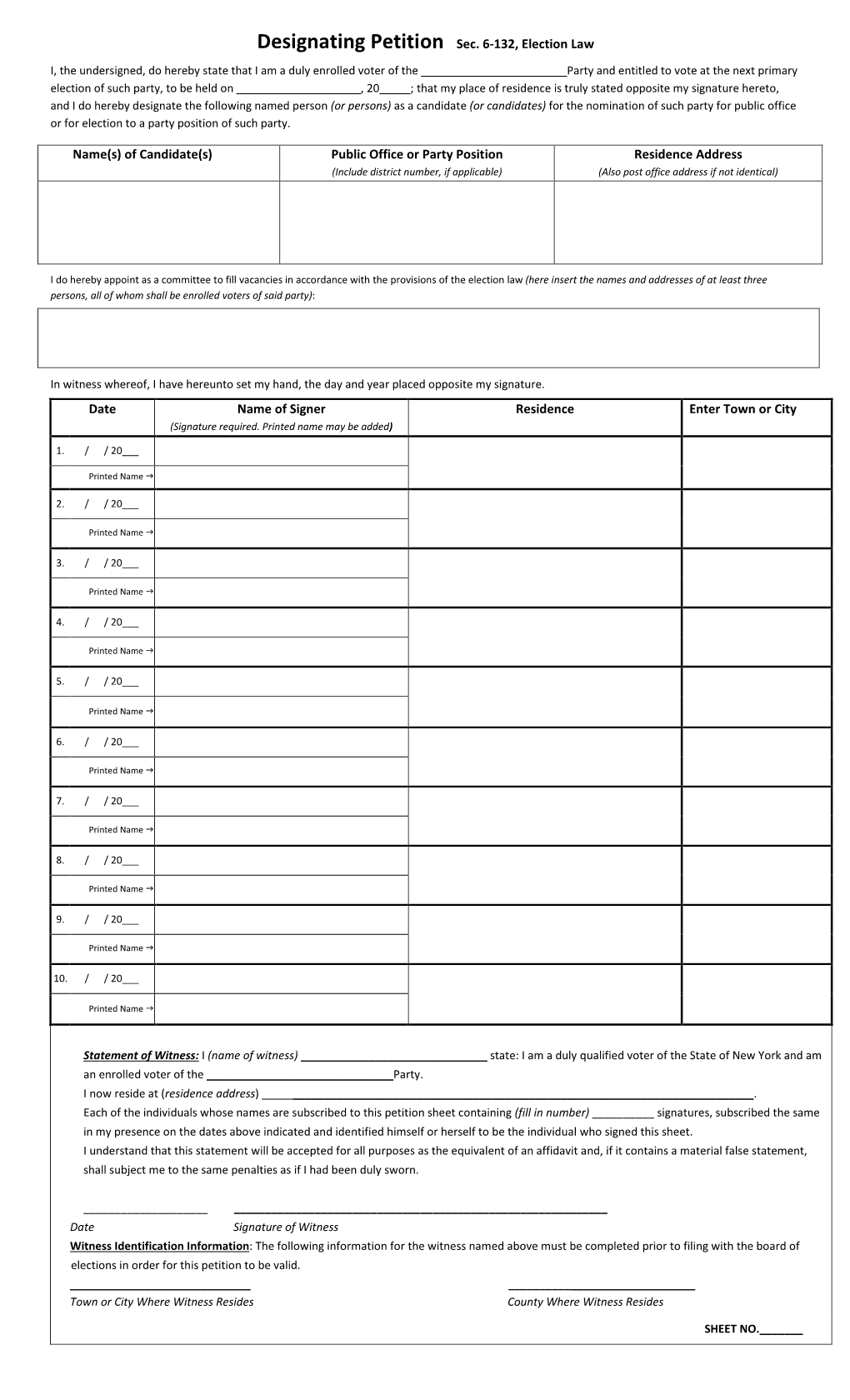 Designating Petition Sec. 6-132, Election Law Name(S) of Candidate