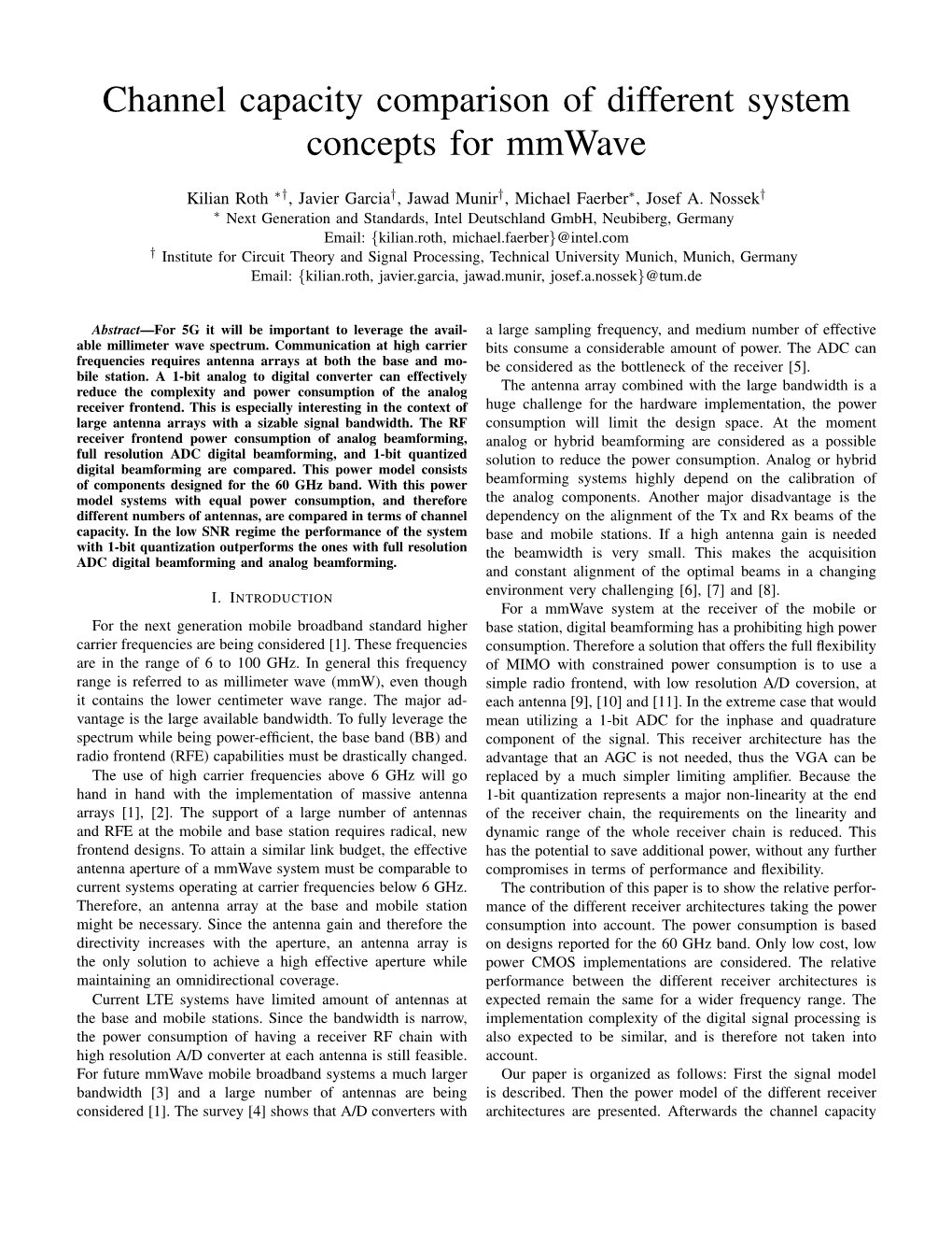 Channel Capacity Comparison of Different System Concepts for Mmwave