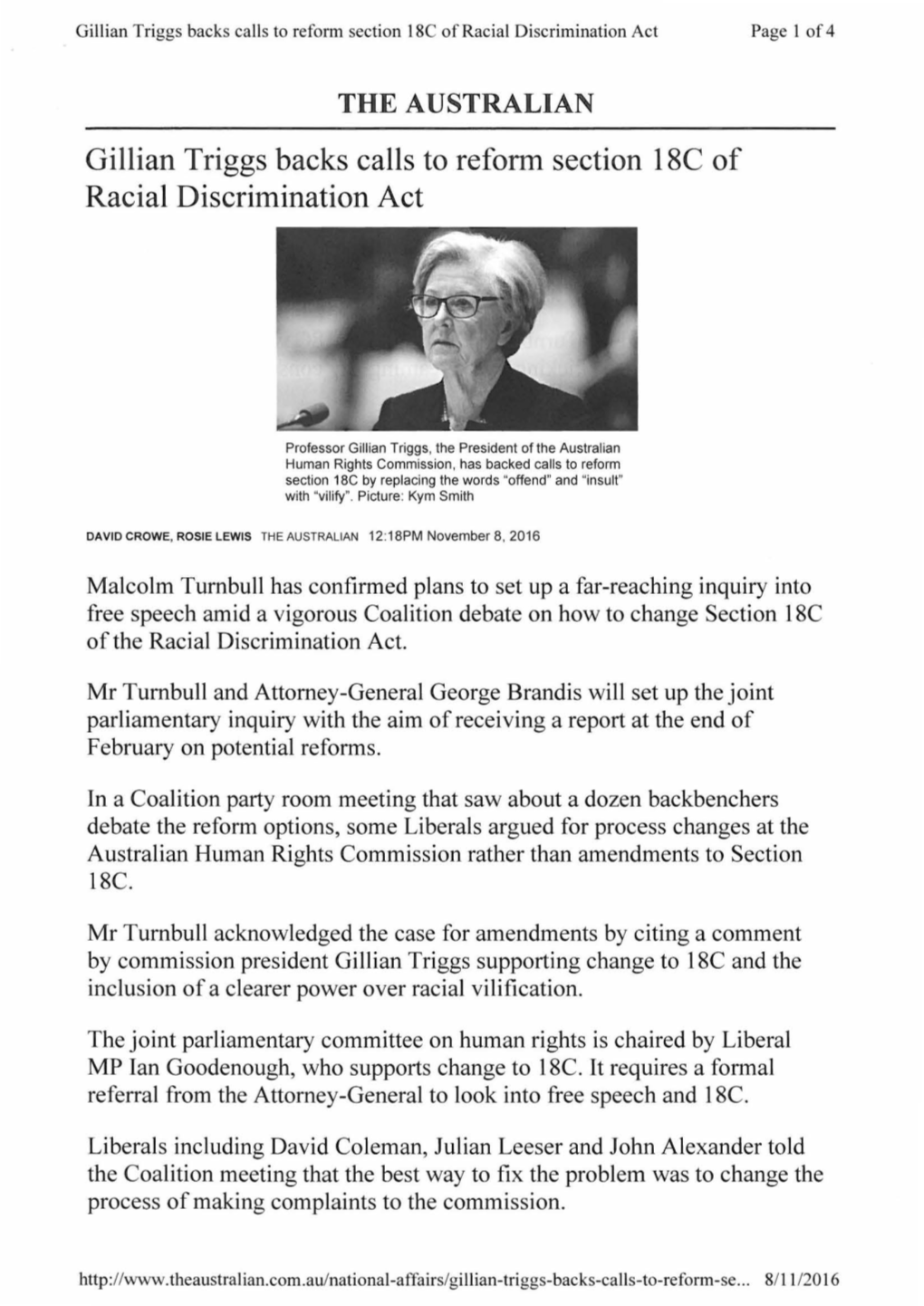 Gillian Triggs Backs Calls to Reform Section 18C of Racial Discrimination Act Page 1 of 4