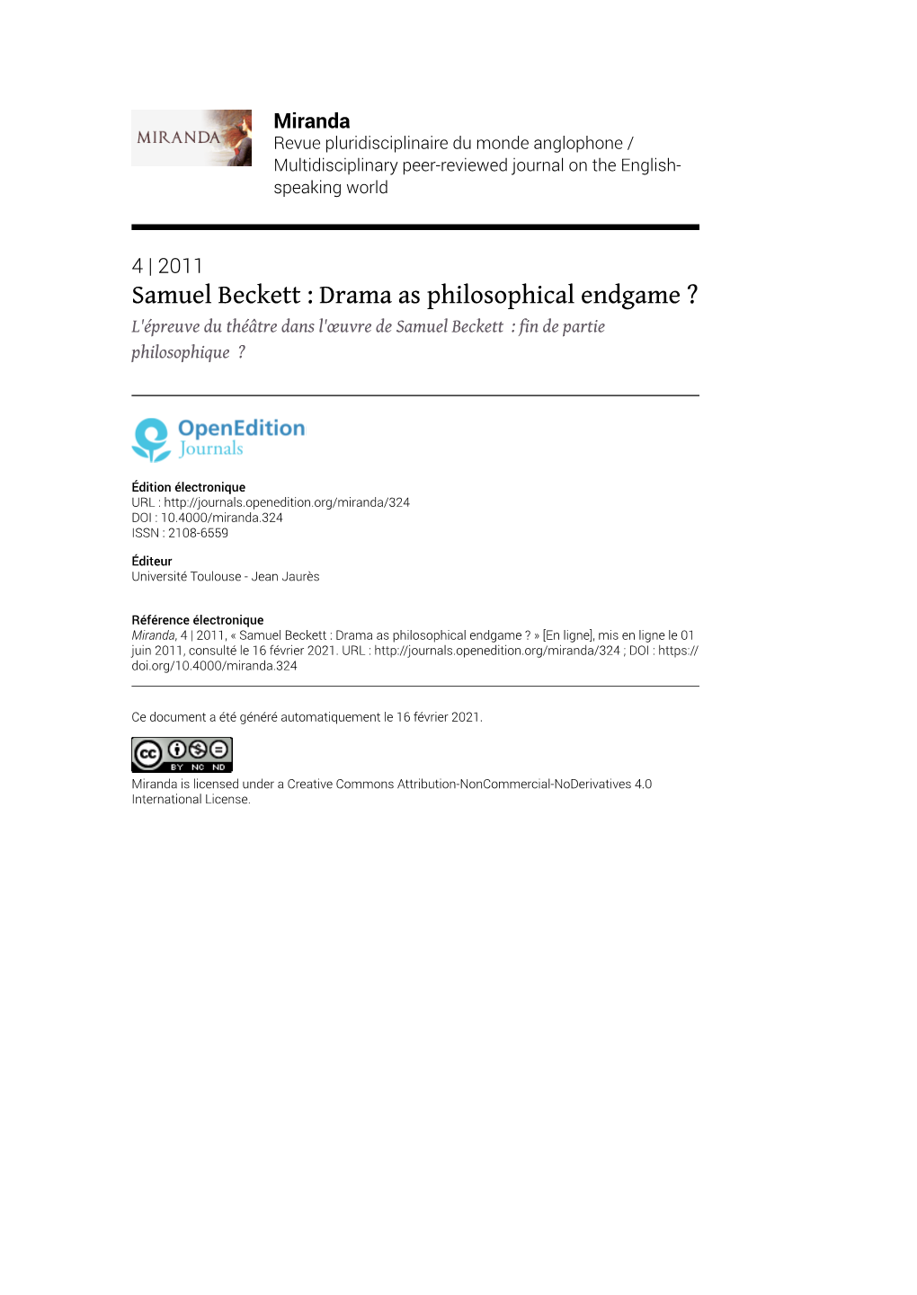 Miranda, 4 | 2011, « Samuel Beckett : Drama As Philosophical Endgame ? » [En Ligne], Mis En Ligne Le 01 Juin 2011, Consulté Le 16 Février 2021