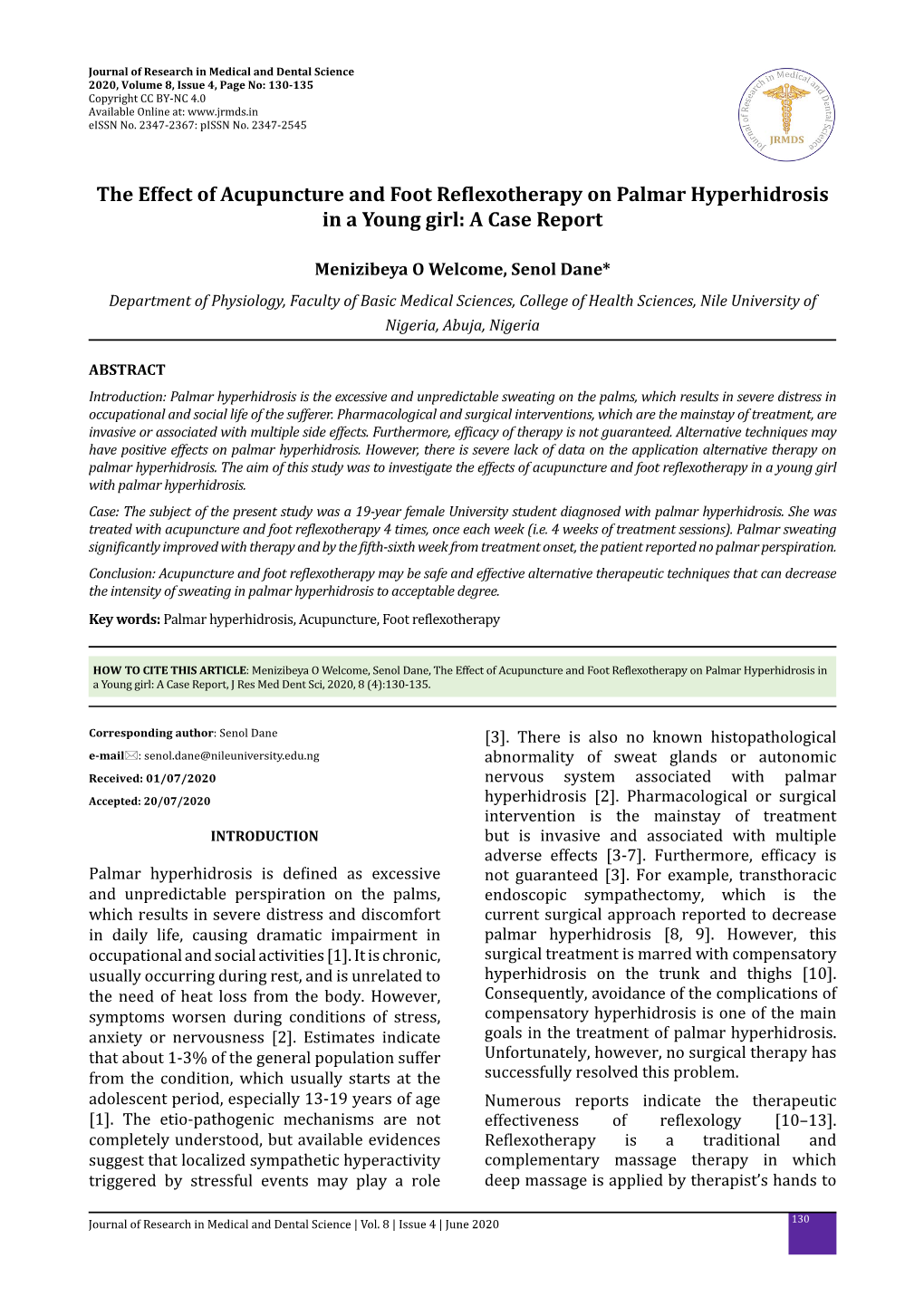 The Effect of Acupuncture and Foot Reflexotherapy on Palmar Hyperhidrosis in a Young Girl: a Case Report