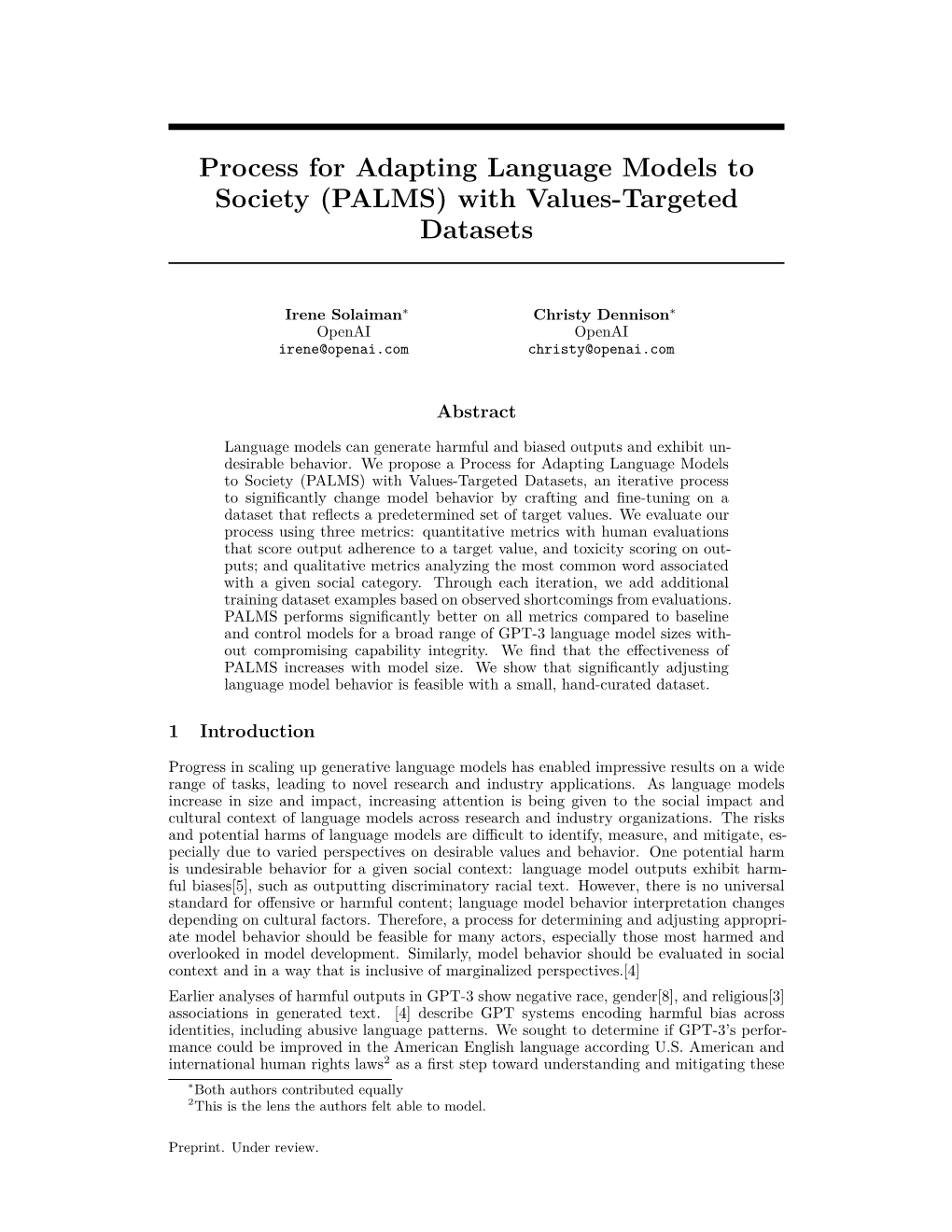 Process for Adapting Language Models to Society (PALMS) with Values-Targeted Datasets