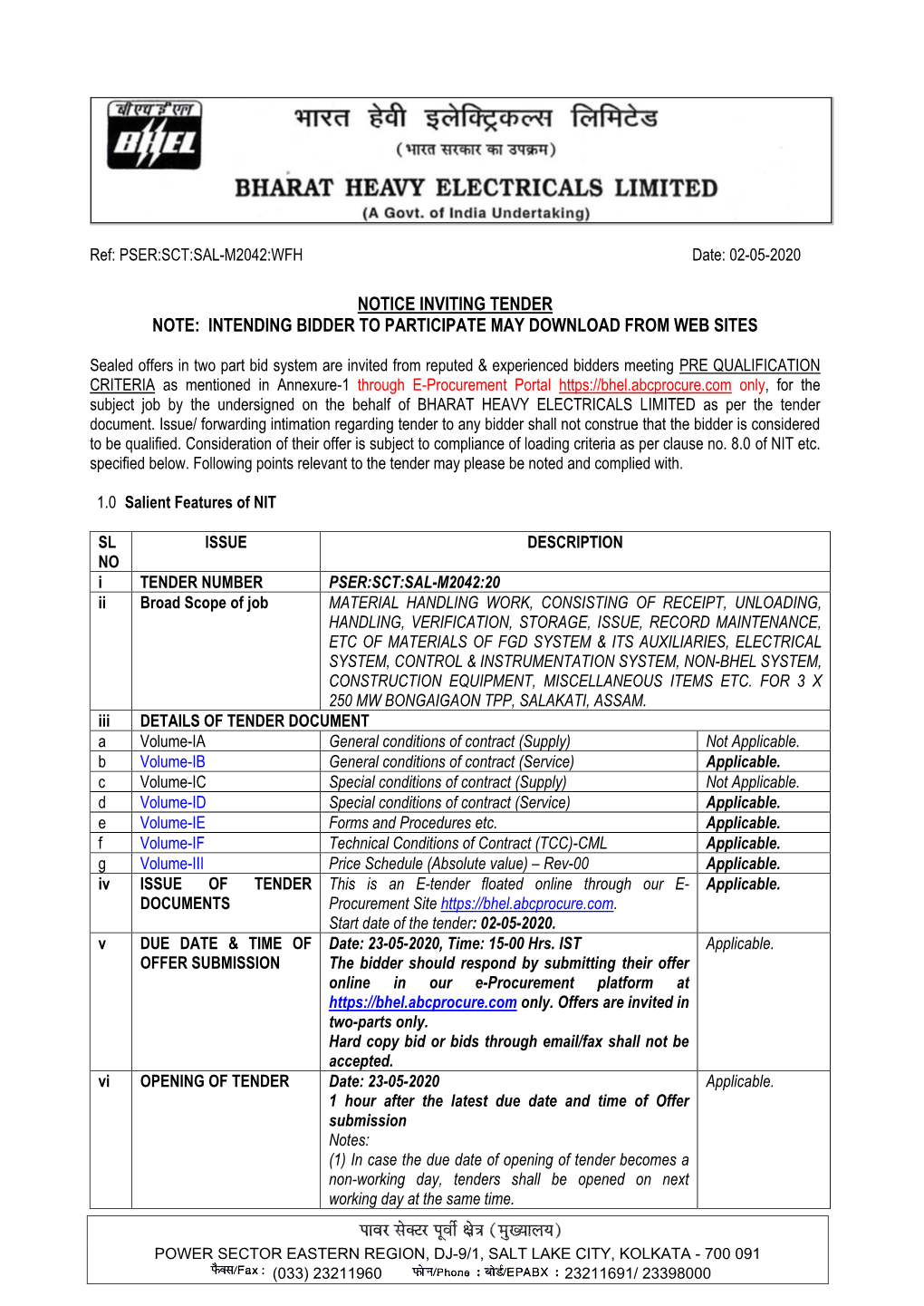 Notice Inviting Tender Note: Intending Bidder to Participate May Download from Web Sites