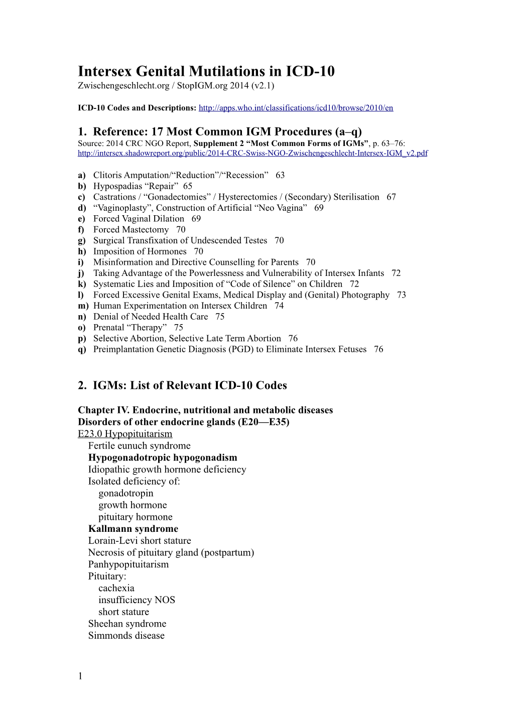 Intersex Genital Mutilations in ICD-10 Zwischengeschlecht.Org / Stopigm.Org 2014 (V2.1)