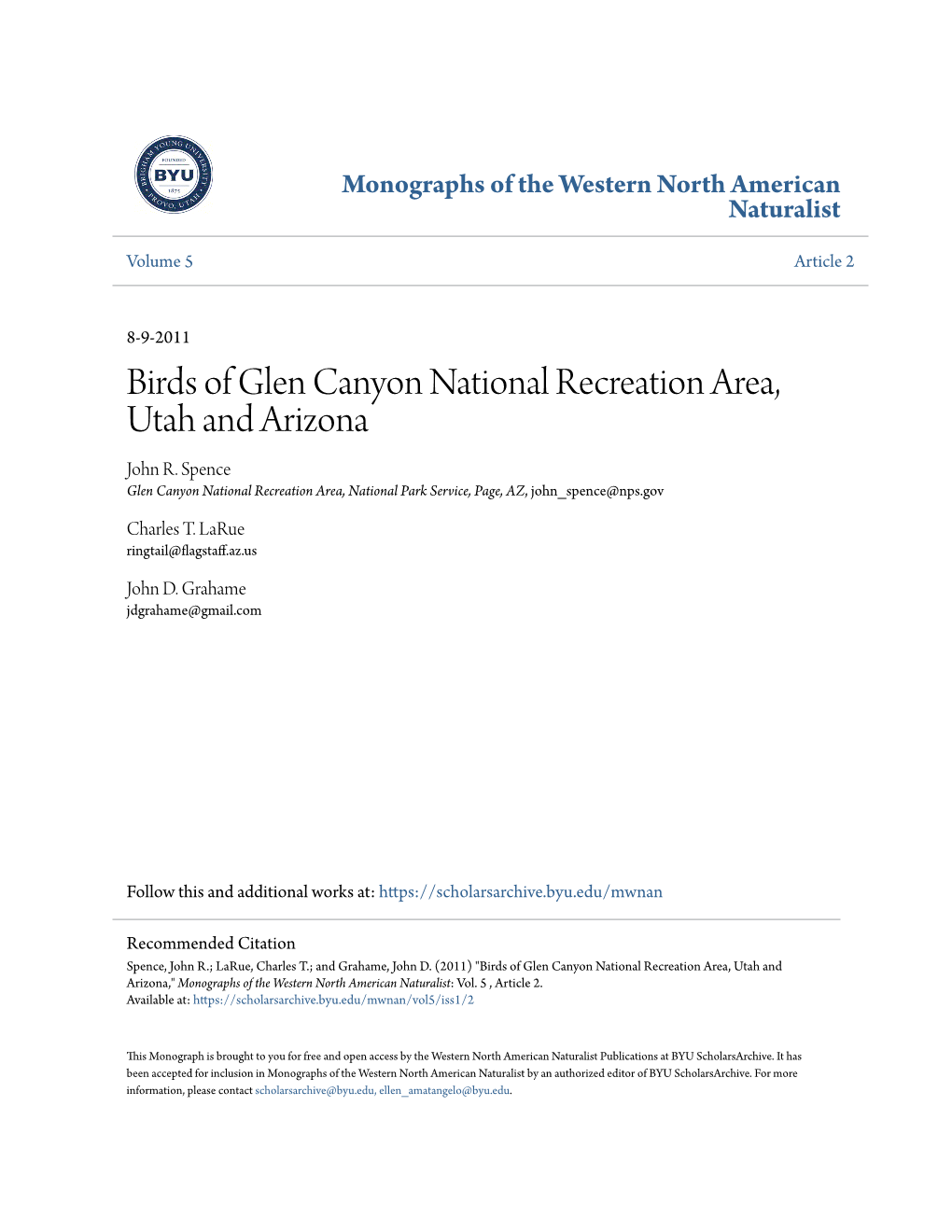 Birds of Glen Canyon National Recreation Area, Utah and Arizona John R