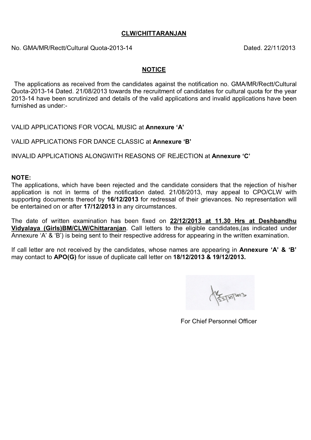CLW/CHITTARANJAN No. GMA/MR/Rectt/Cultural Quota-2013