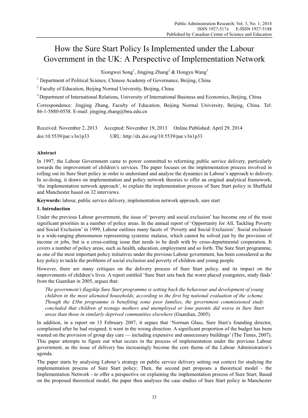 How the Sure Start Policy Is Implemented Under the Labour Government in the UK: a Perspective of Implementation Network