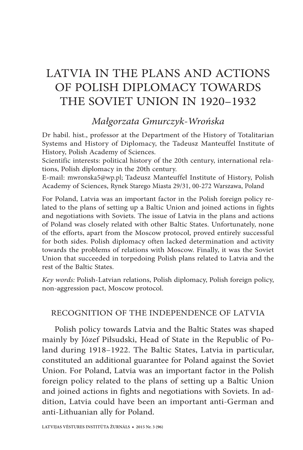 Małgorzata Gmurczyk-Wrońska. Latvia in the Plans and Actions of Polish Diplomacy Towards the Soviet Union