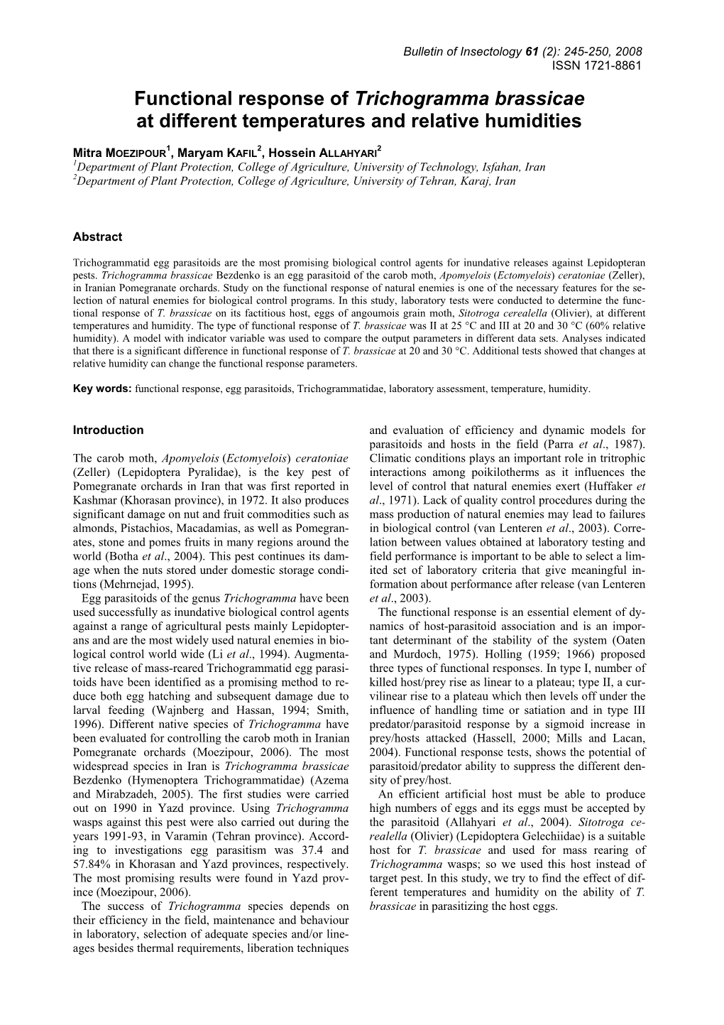 Functional Response of Trichogramma Brassicae at Different Temperatures and Relative Humidities