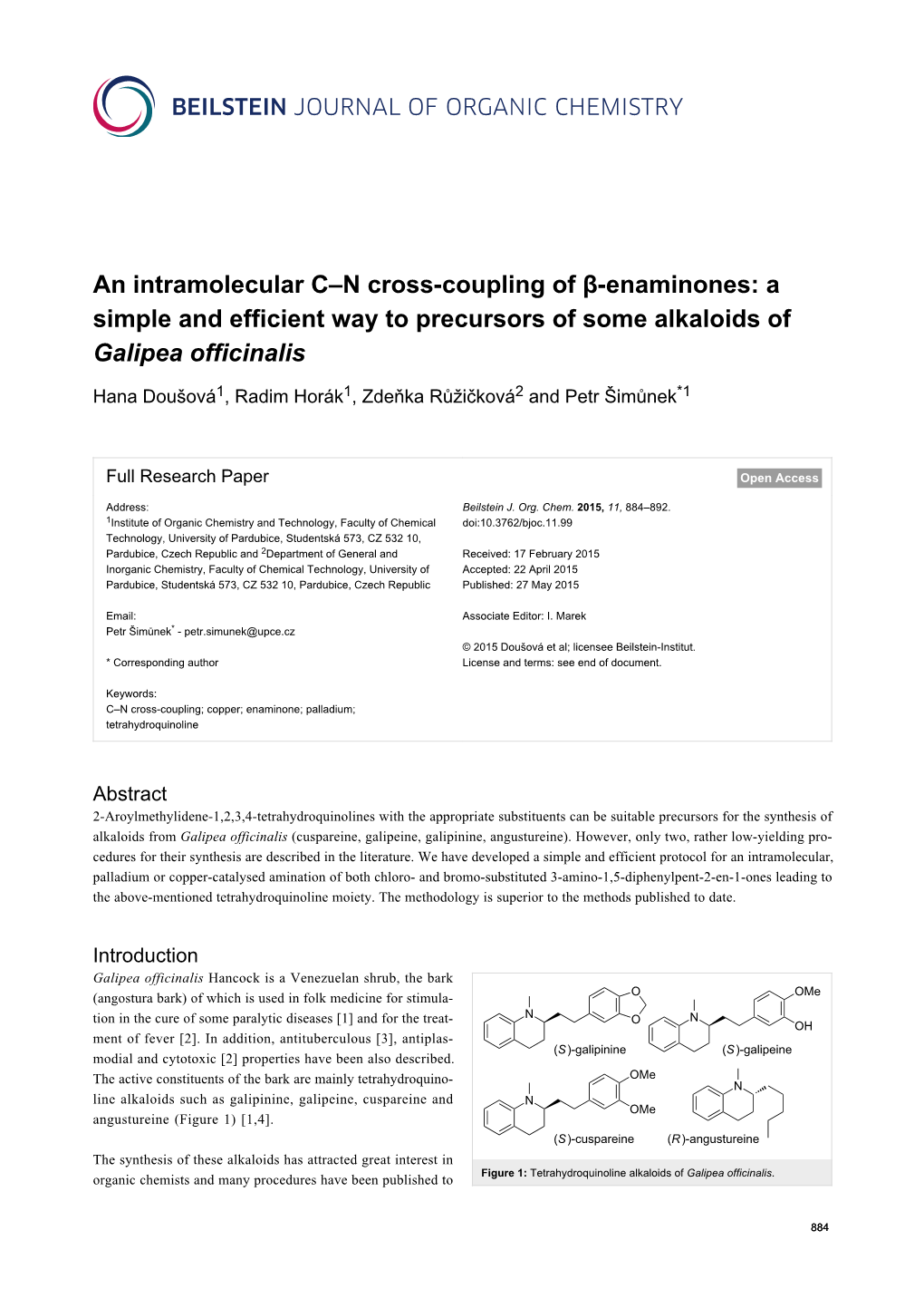 An Intramolecular C–N Cross-Coupling of Β-Enaminones: a Simple and Efficient Way to Precursors of Some Alkaloids of Galipea Officinalis