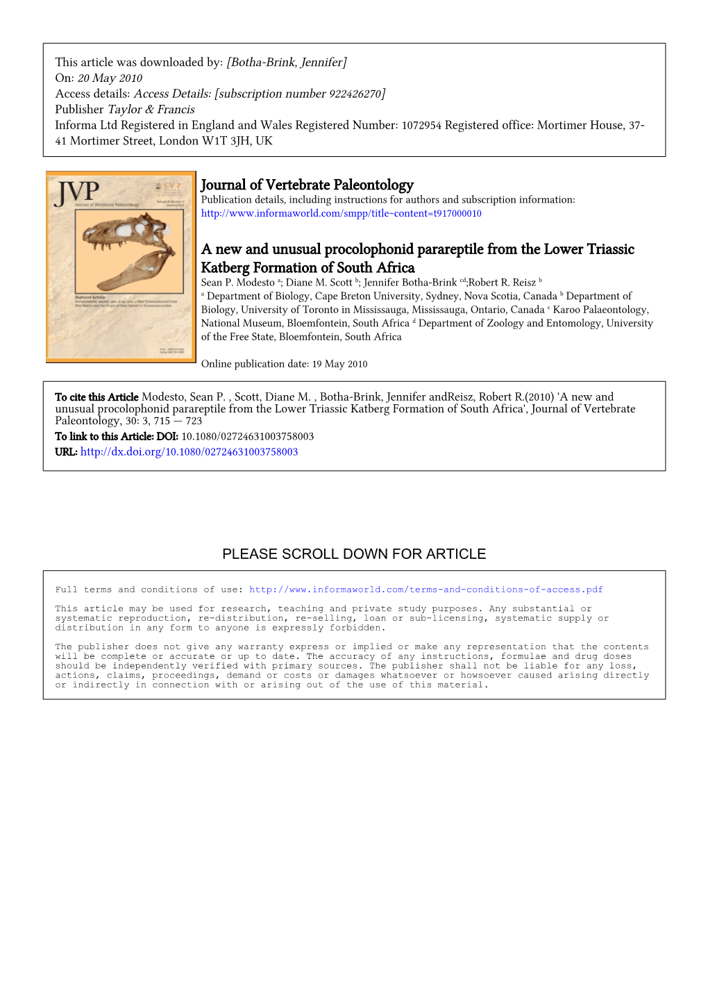 Journal of Vertebrate Paleontology a New and Unusual Procolophonid