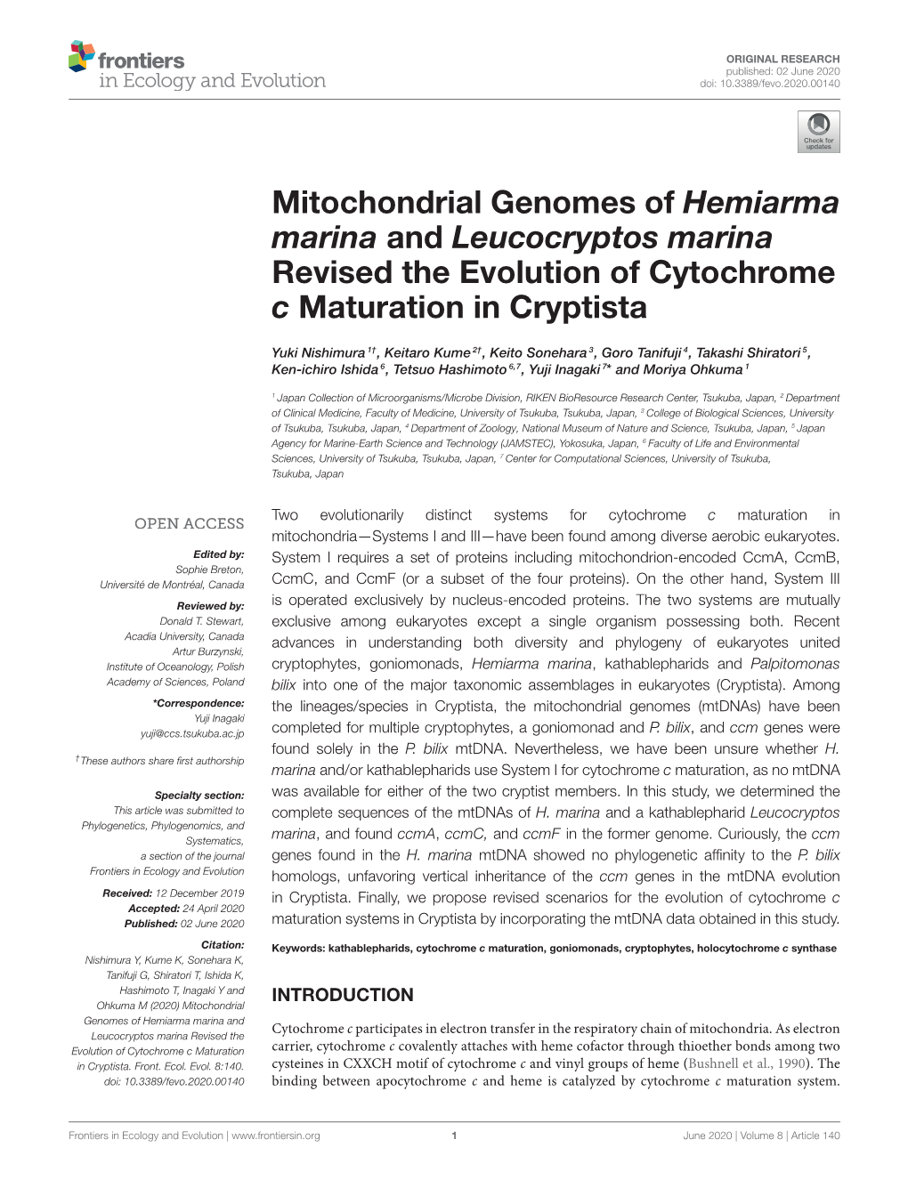 Mitochondrial Genomes of Hemiarma Marina and Leucocryptos Marina Revised the Evolution of Cytochrome C Maturation in Cryptista