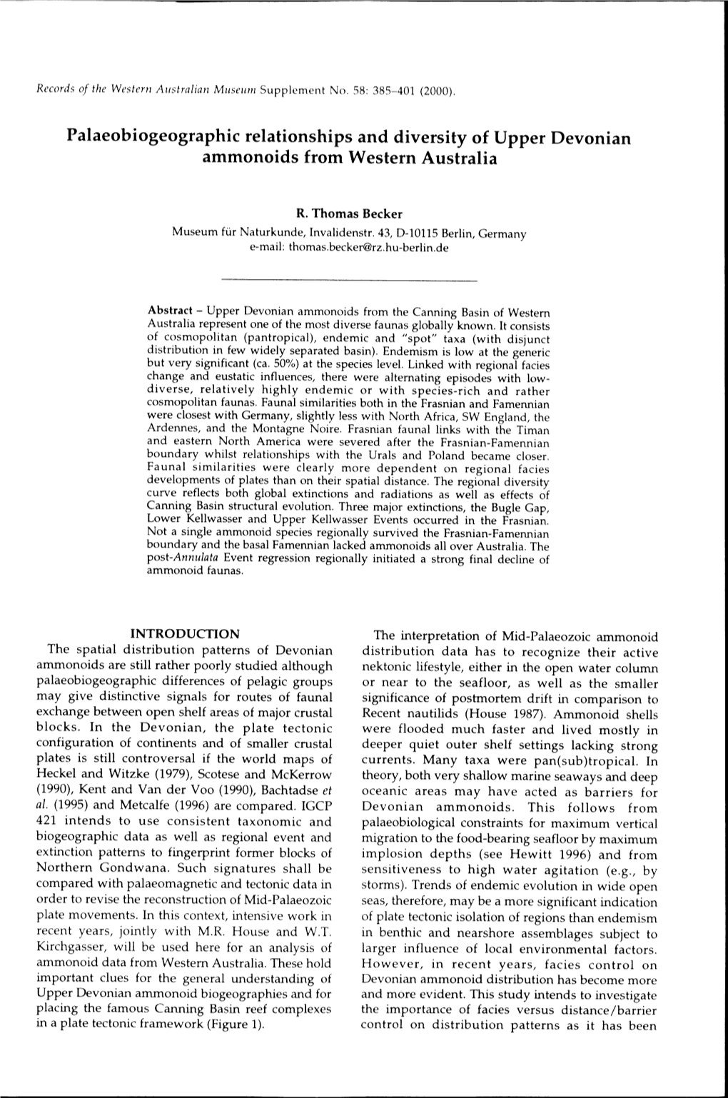 Palaeobiogeographic Relationships and Diversity of Upper Devonian Ammonoids from Western Australia