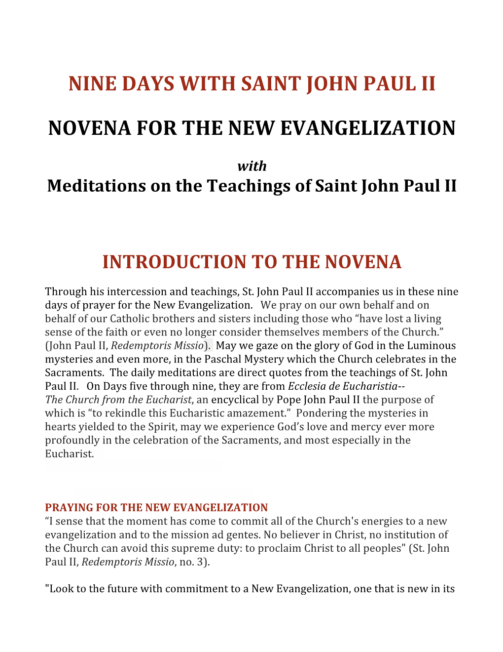 Nine Days with Saint John Paul Ii Novena for the New Evangelization