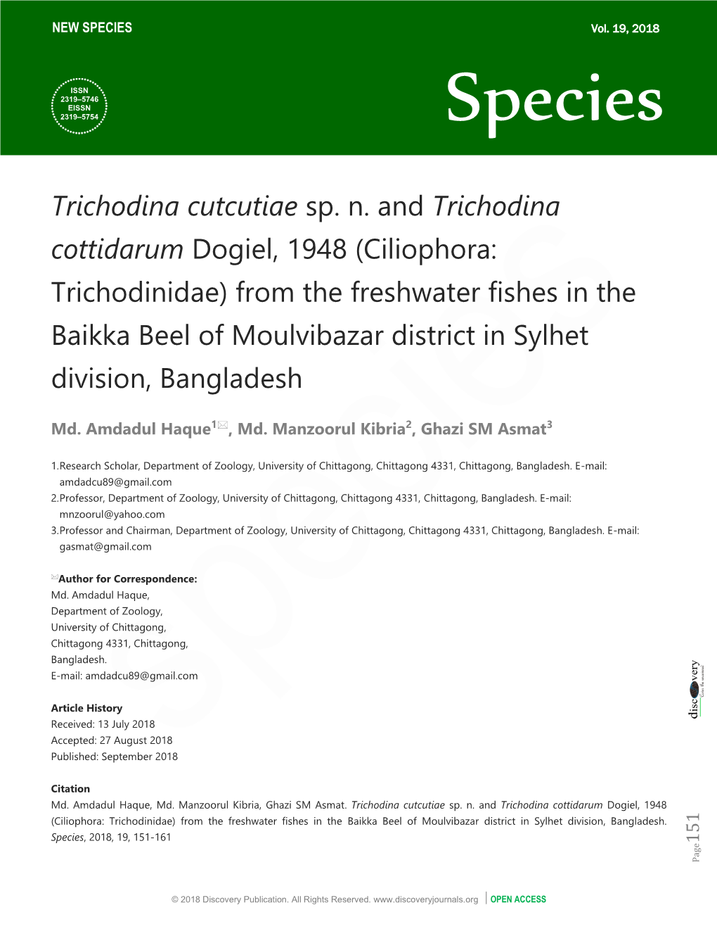 Trichodina Cutcutiae Sp. N. and Trichodina Cottidarum Dogiel, 1948 (Ciliophora: Trichodinidae) from the Freshwater Fishes In