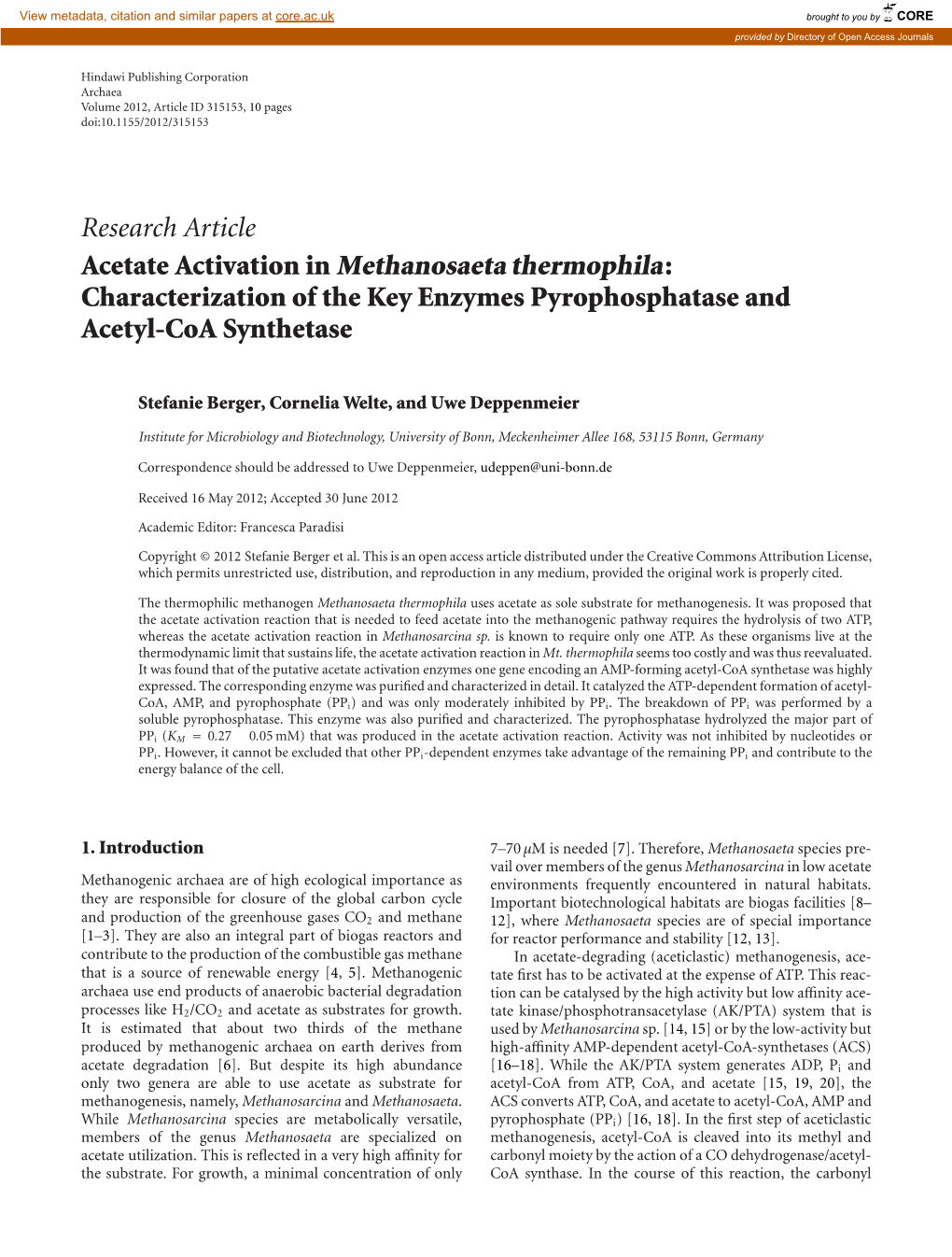 Acetate Activation in Methanosaeta Thermophila: Characterization of the Key Enzymes Pyrophosphatase and Acetyl-Coa Synthetase