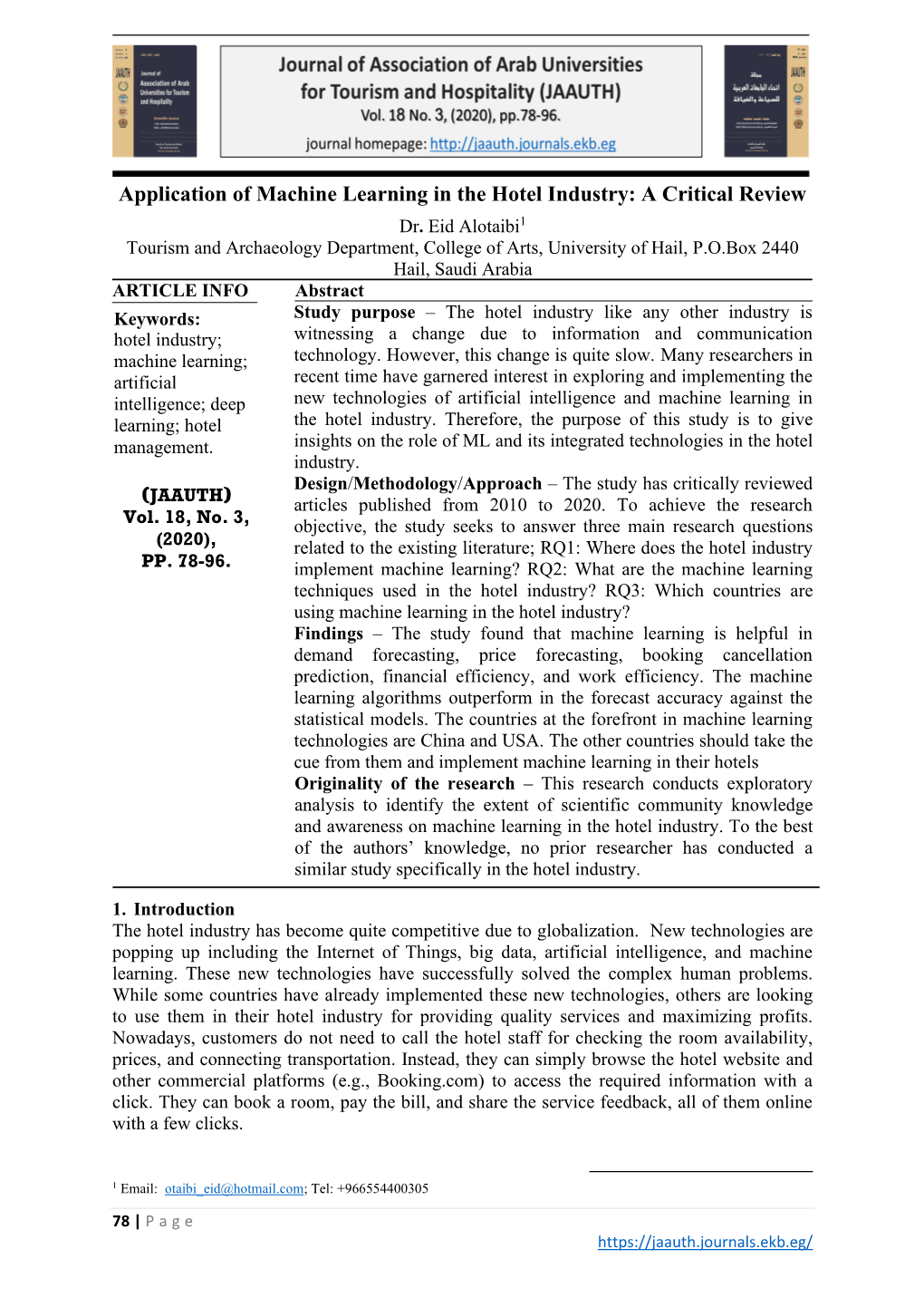 Application of Machine Learning in the Hotel Industry: a Critical Review Dr