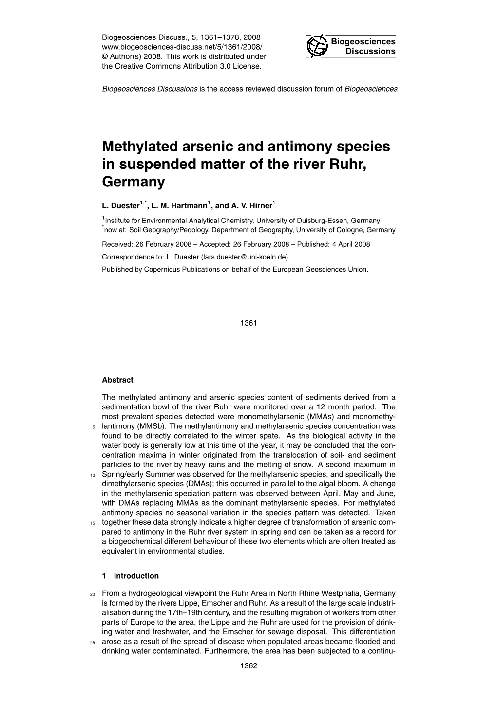 Methylated Arsenic and Antimony Species in Suspended Matter of the River Ruhr, Germany