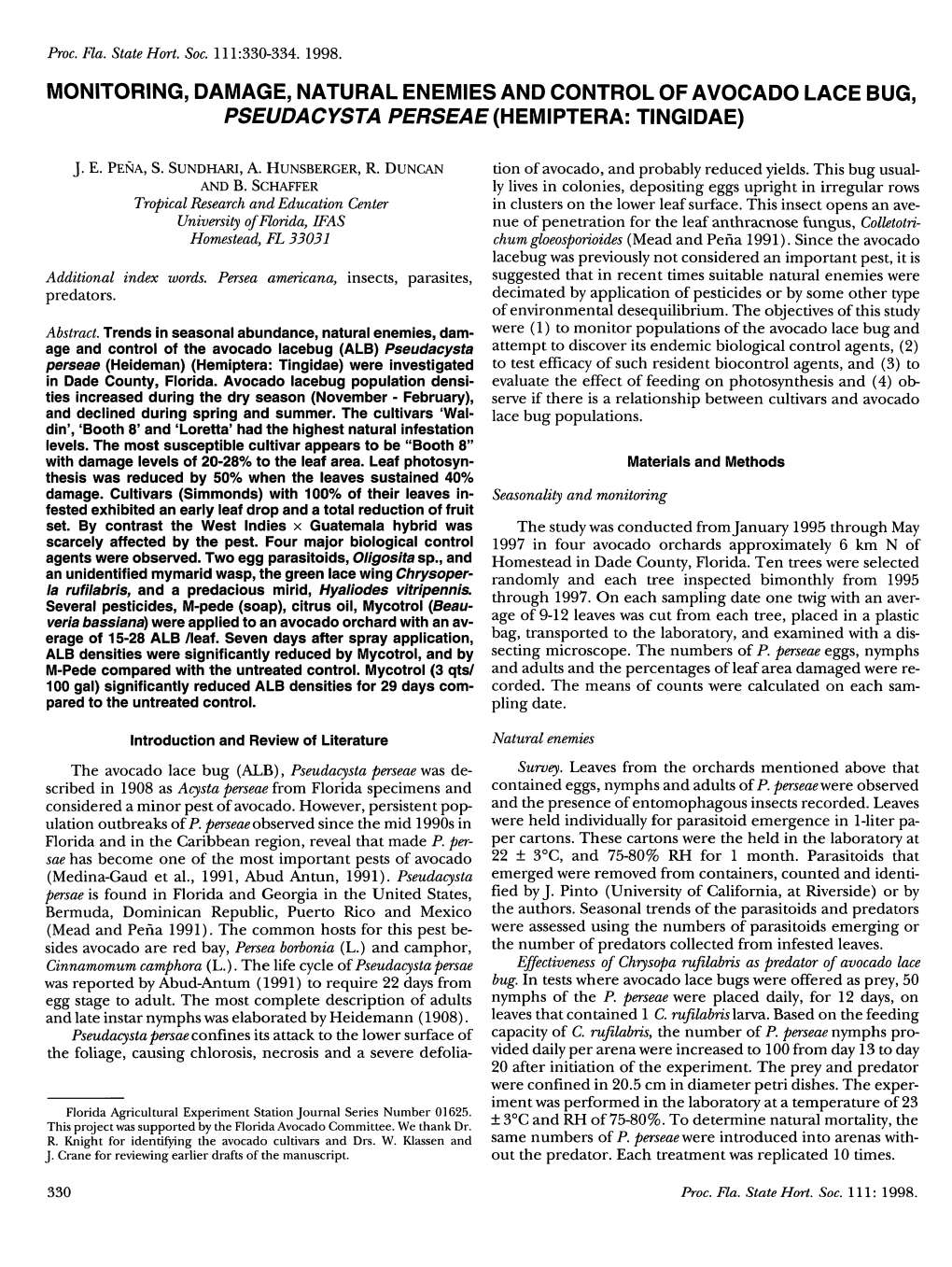 Monitoring, Damage, Natural Enemies and Control of Avocado Lace Bug, Pseudacysta Perseae (Hemiptera: Tingidae)