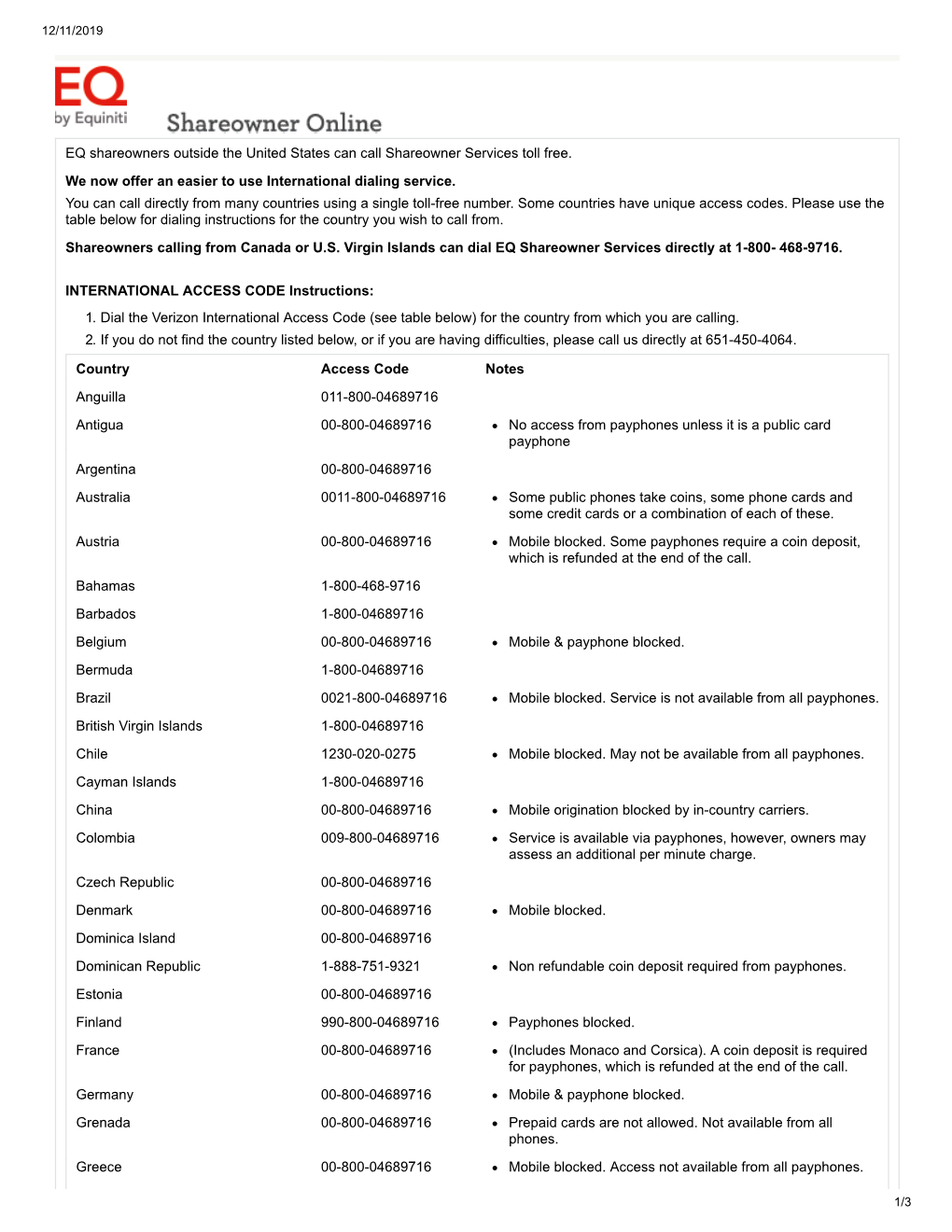 International Access Codes